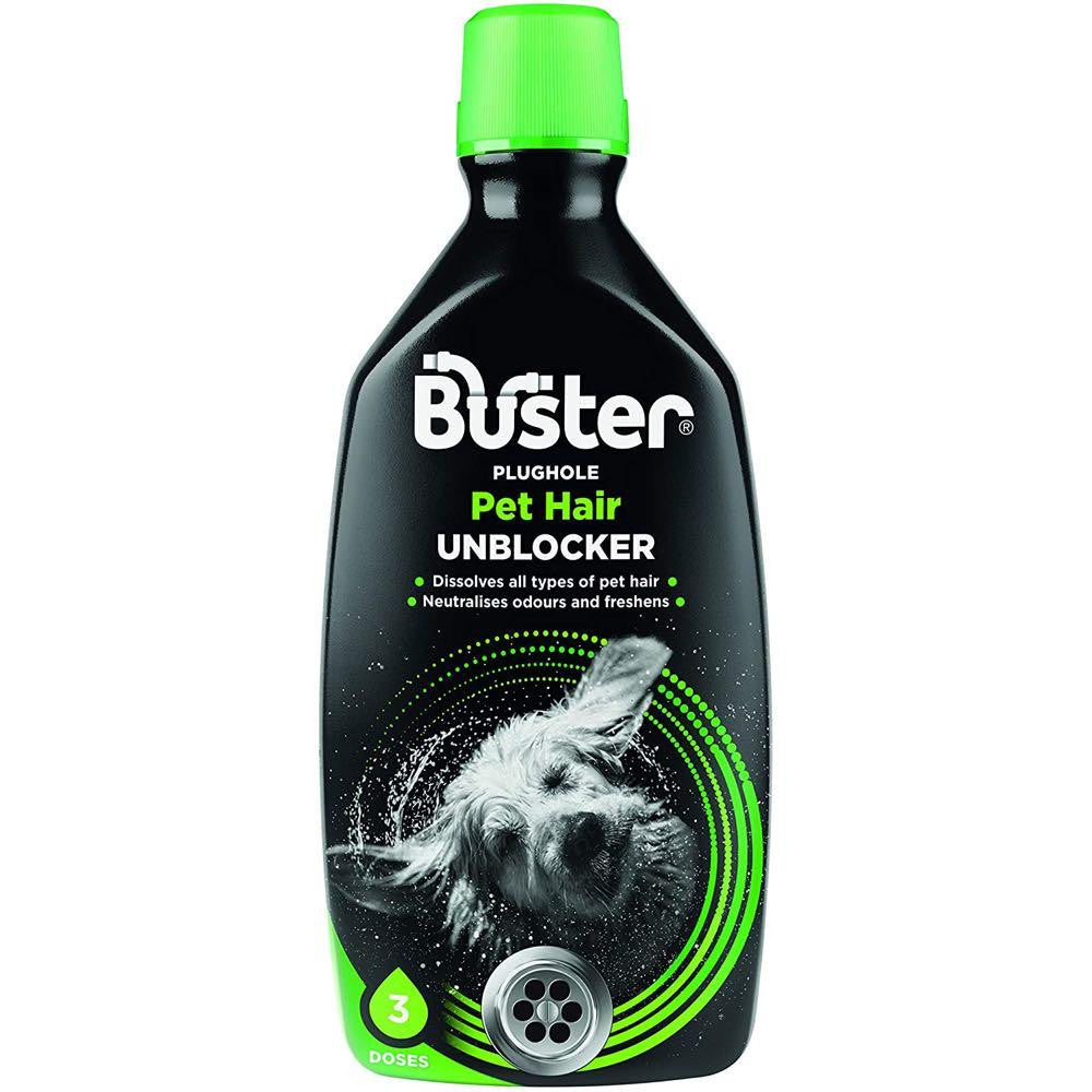 Buster Plughole Pet Hair Unblocker 900ml bottle with a sleek design, showcasing its effectiveness against pet hair blockages.