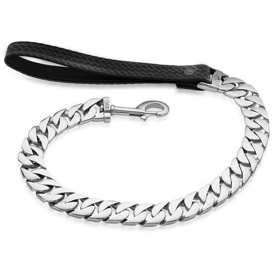 Caesar Cuban Link Dog Leash made of marine grade stainless steel with a high reflective finish, showcasing its luxury design and chunky Cuban links.