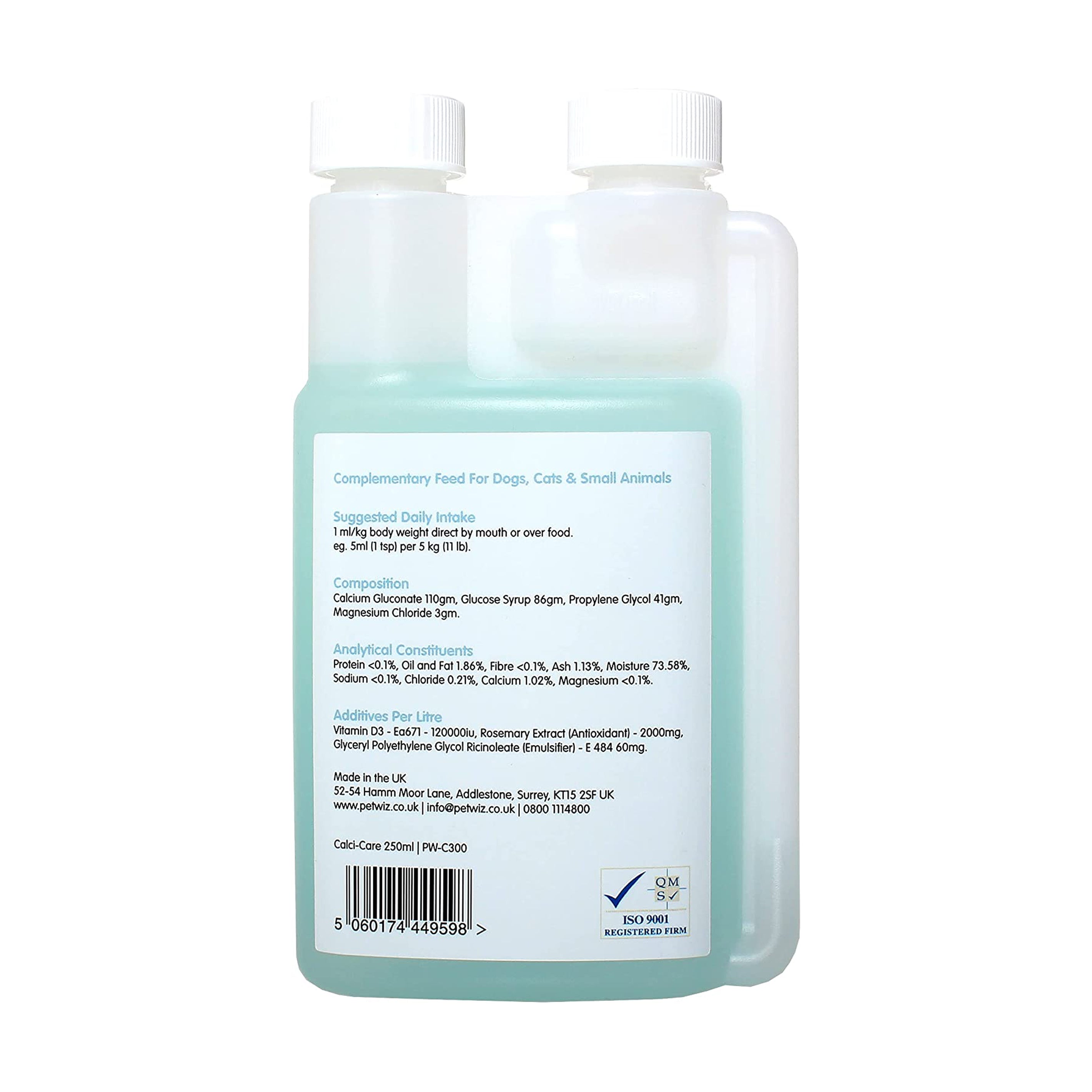 Bottle of Calci-Care liquid calcium supplement with Vitamin D and Magnesium for pets, featuring a label highlighting its benefits for strong bones.