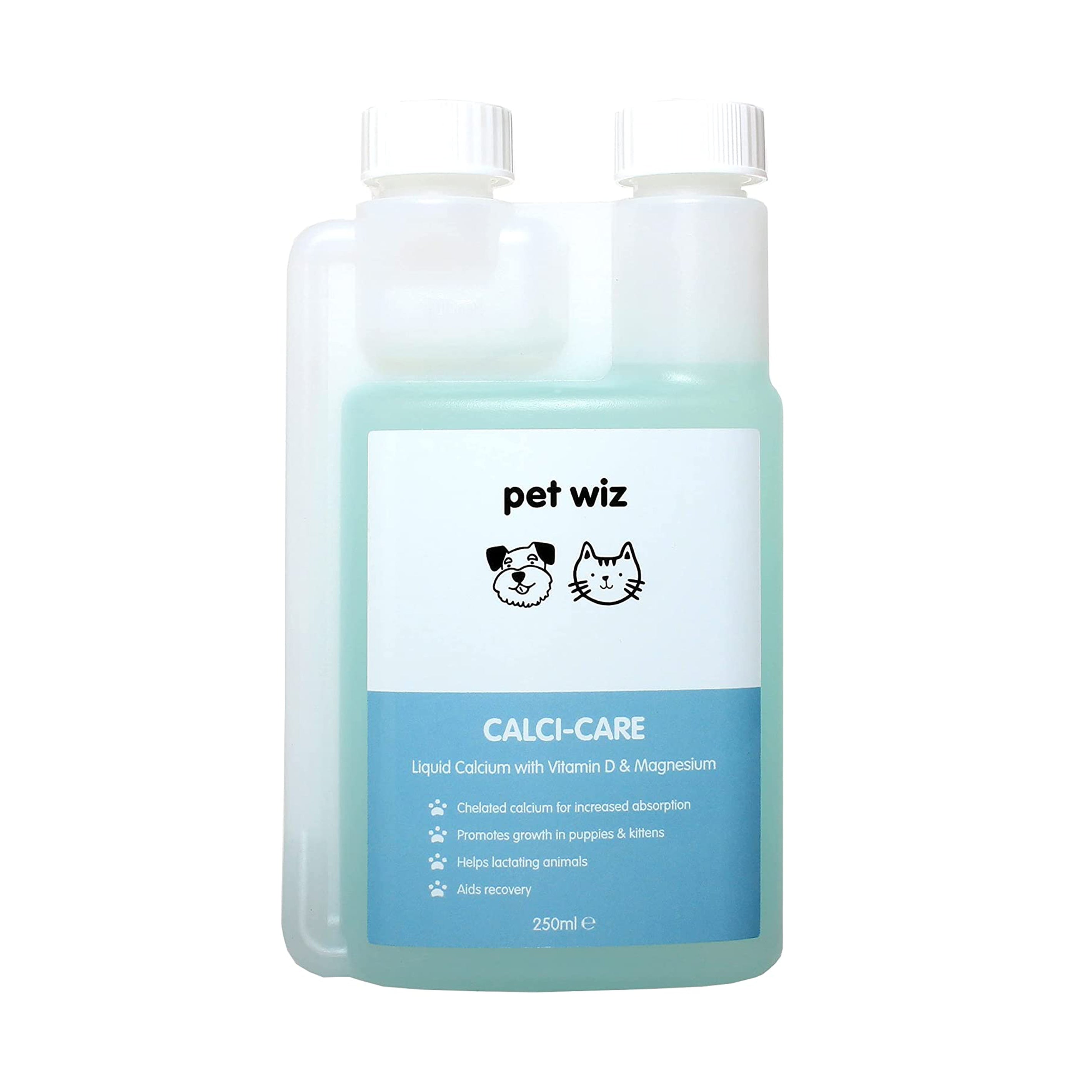 Bottle of Calci-Care liquid calcium supplement with Vitamin D and Magnesium for pets, featuring a label highlighting its benefits for strong bones.