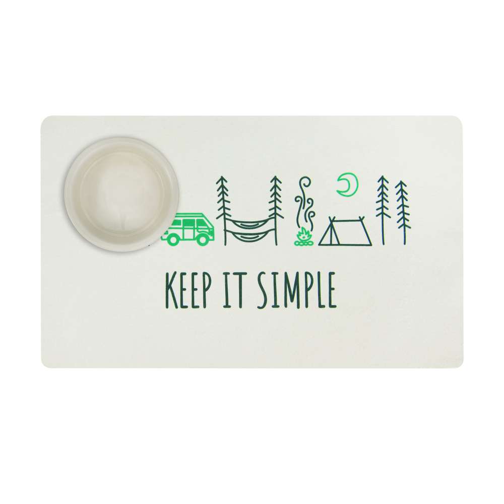 Colorful Camp Life Dog Mat designed for pet feeding, featuring a slip-resistant surface and vibrant patterns.