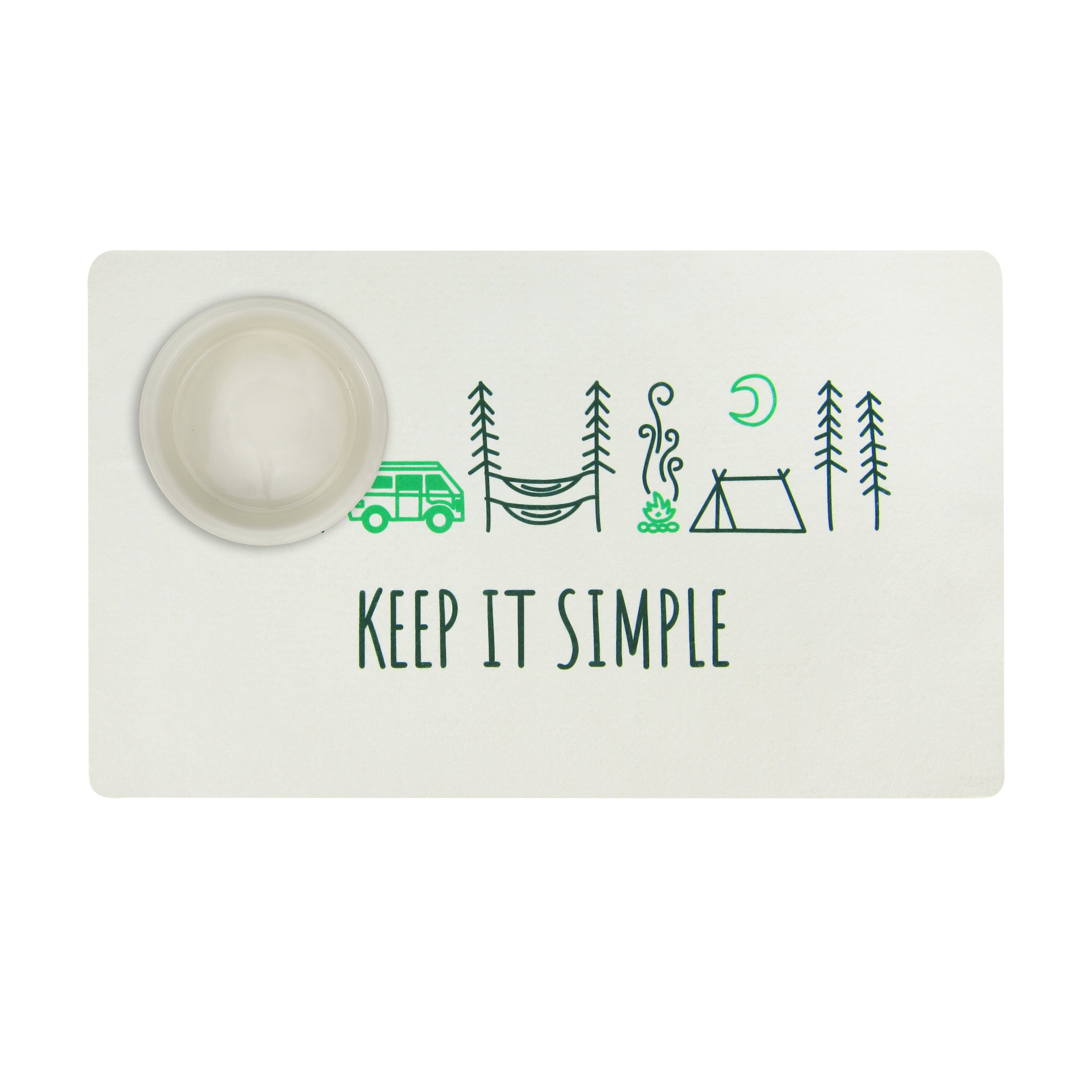 Colorful Camp Life Dog Mat designed for pet feeding, featuring a slip-resistant surface and vibrant patterns.