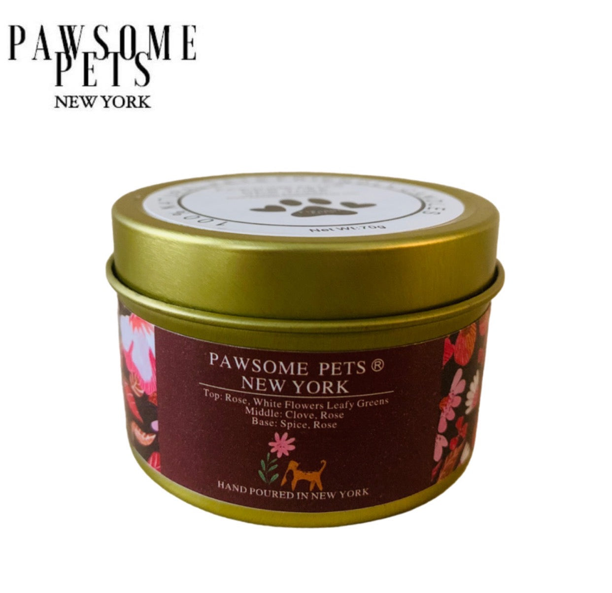 A beautifully crafted candle with a rose and green tree scent, hand-poured in New York, featuring floral and spicy notes.