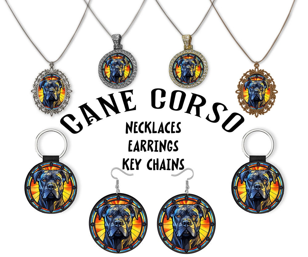 Stained glass style jewelry featuring Cane Corso designs, including necklaces and earrings in silver and gold finishes.