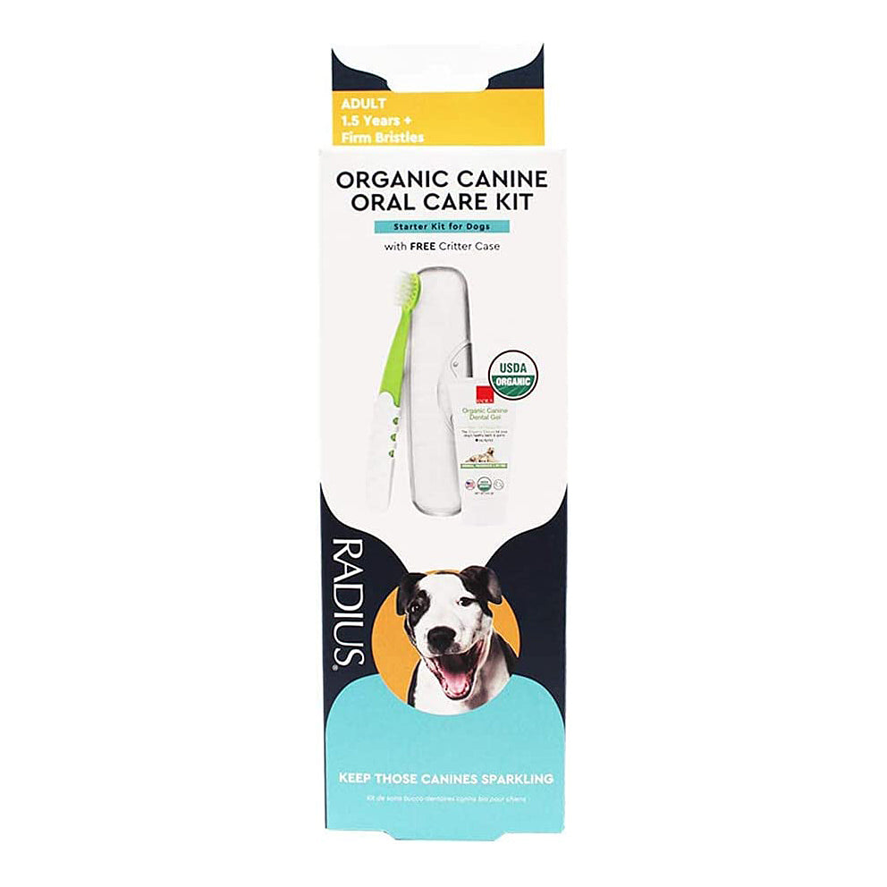 Canine Organic Dental Solutions Kit featuring USDA Certified Organic tooth gel and ultra-soft toothbrush for dogs.