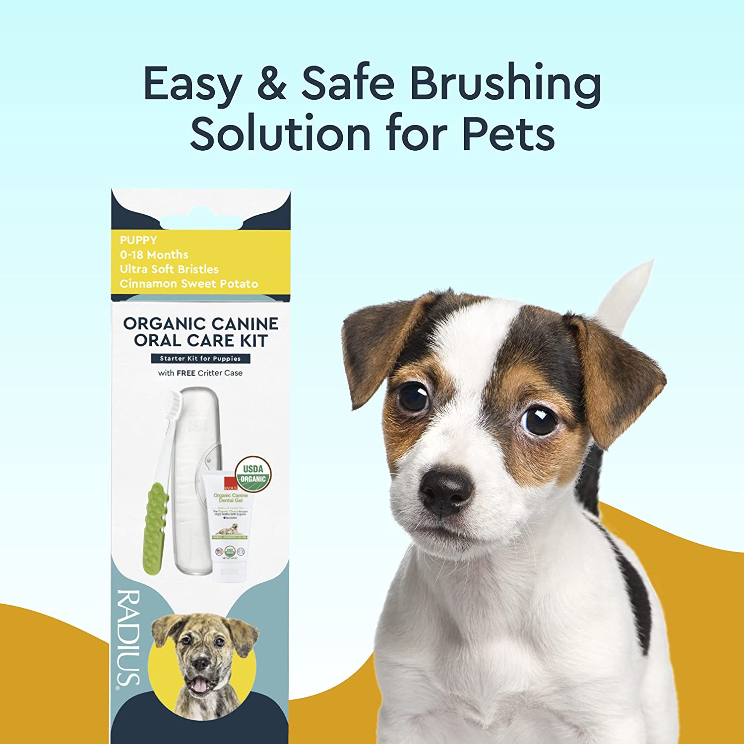 Canine Organic Dental Solutions Kit for puppies, featuring organic tooth gel and an ultra-soft toothbrush for effective dental care.
