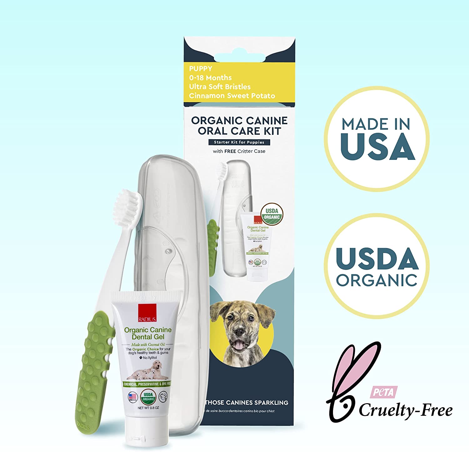 Canine Organic Dental Solutions Kit for puppies, featuring organic tooth gel and an ultra-soft toothbrush for effective dental care.