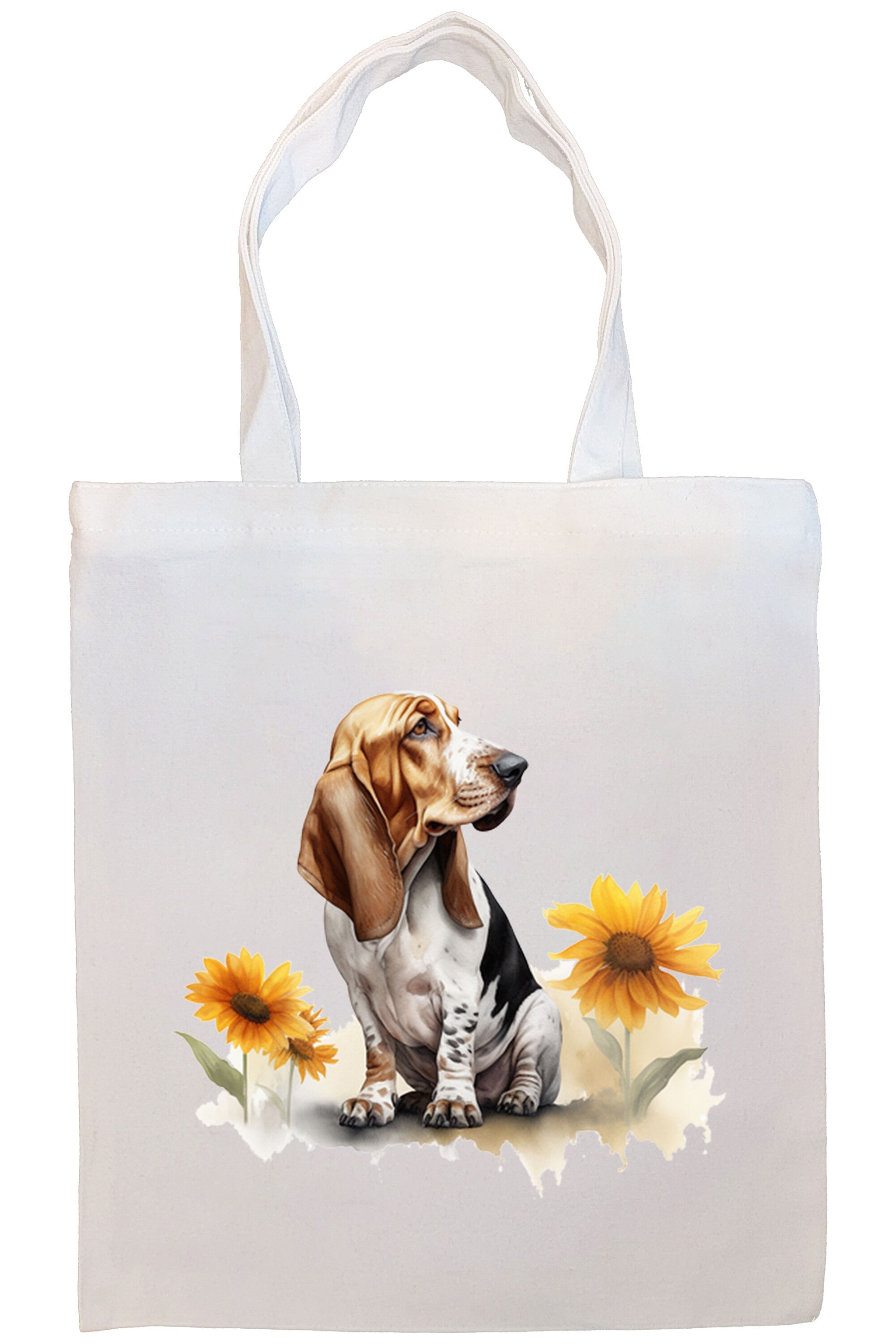 A stylish Basset Hound canvas tote bag featuring a zippered closure, sturdy handles, and an inner pocket, perfect for daily use.