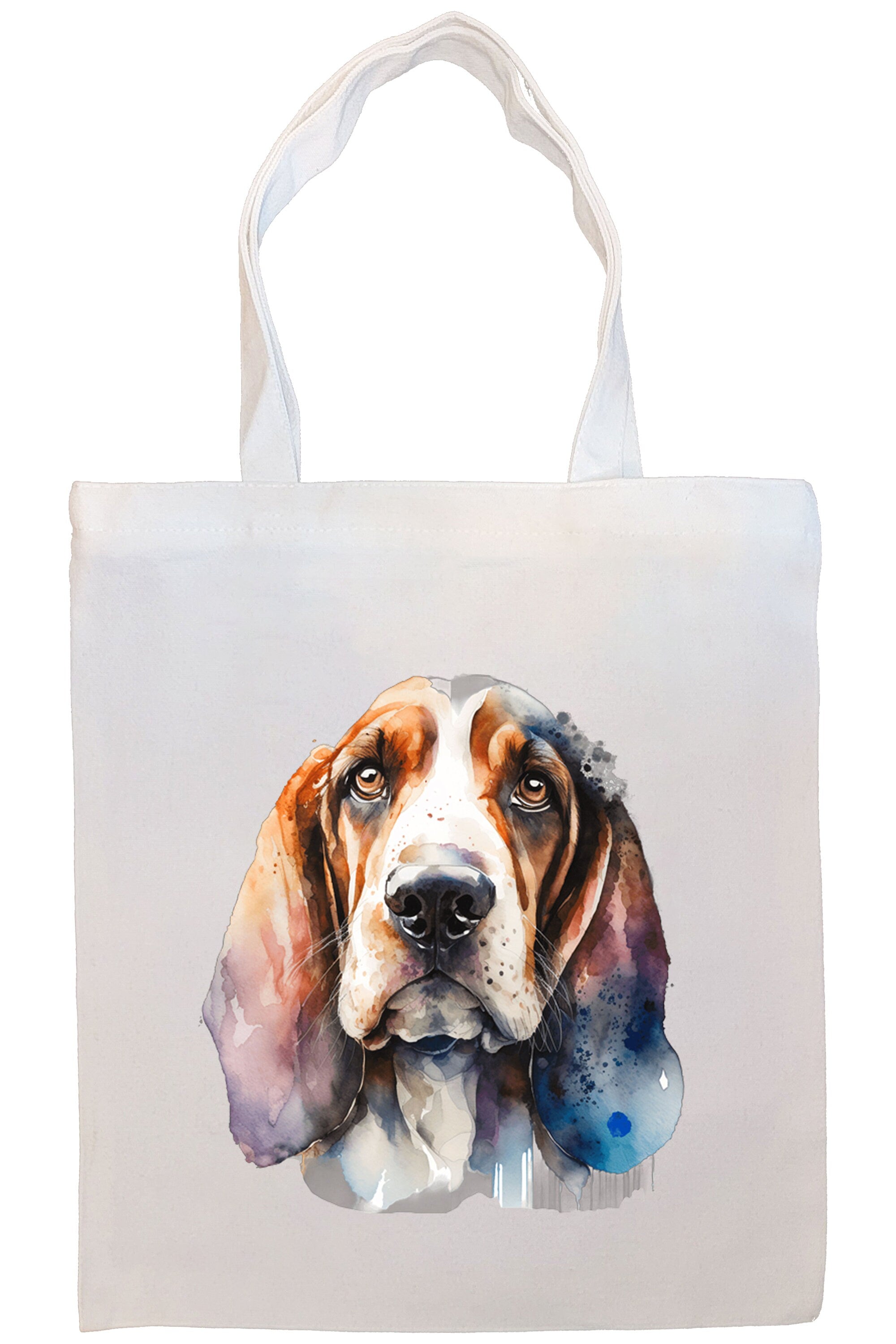 A stylish Basset Hound canvas tote bag featuring a zippered closure, sturdy handles, and an inner pocket, perfect for daily use.