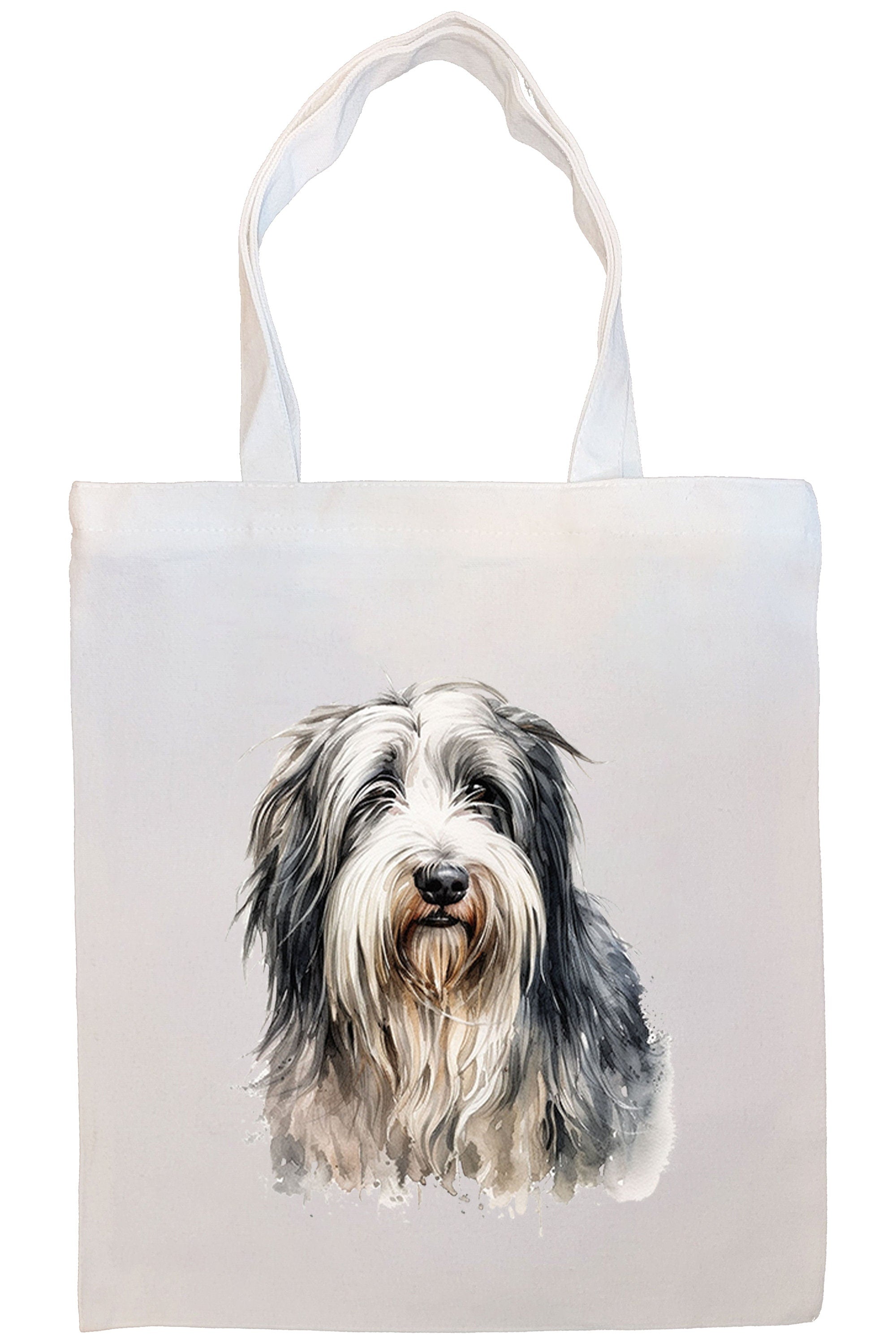 A stylish canvas tote bag featuring a Bearded Collie design, zippered closure, and sturdy handles, perfect for shopping or daily use.