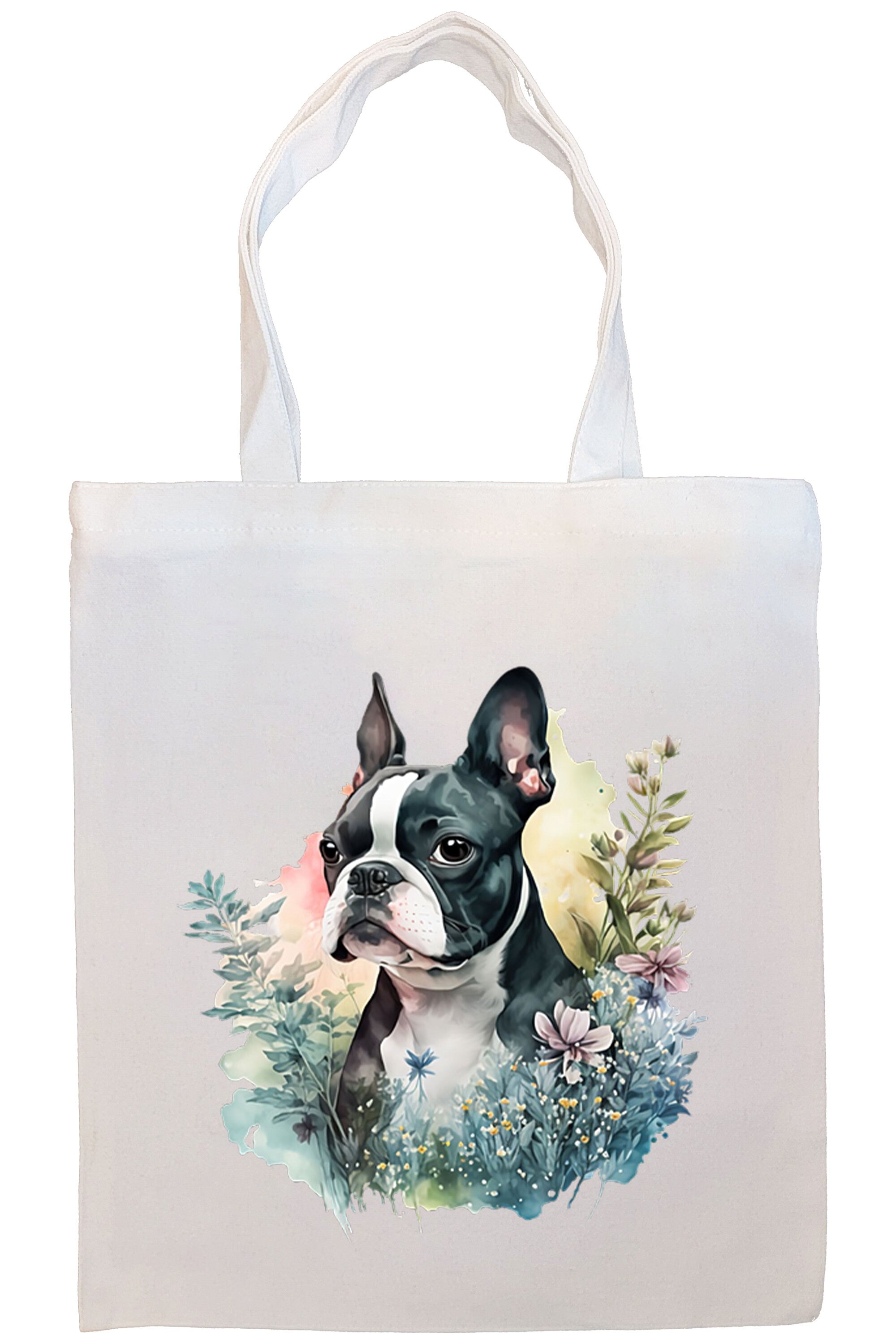 Boston Terrier Canvas Tote Bag with zippered closure and inner pocket, perfect for shopping and daily use.