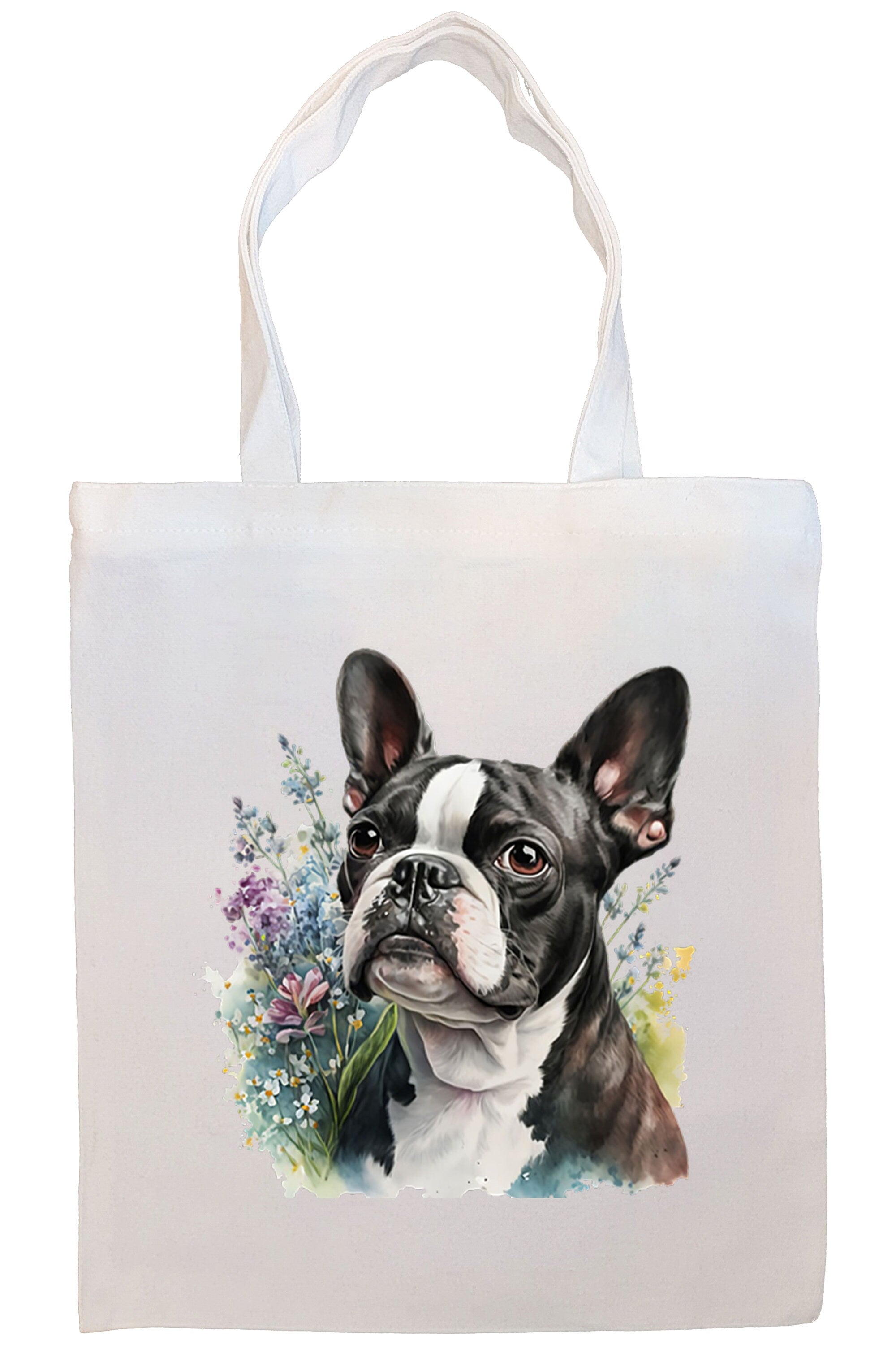 Boston Terrier Canvas Tote Bag with zippered closure and inner pocket, perfect for shopping and daily use.