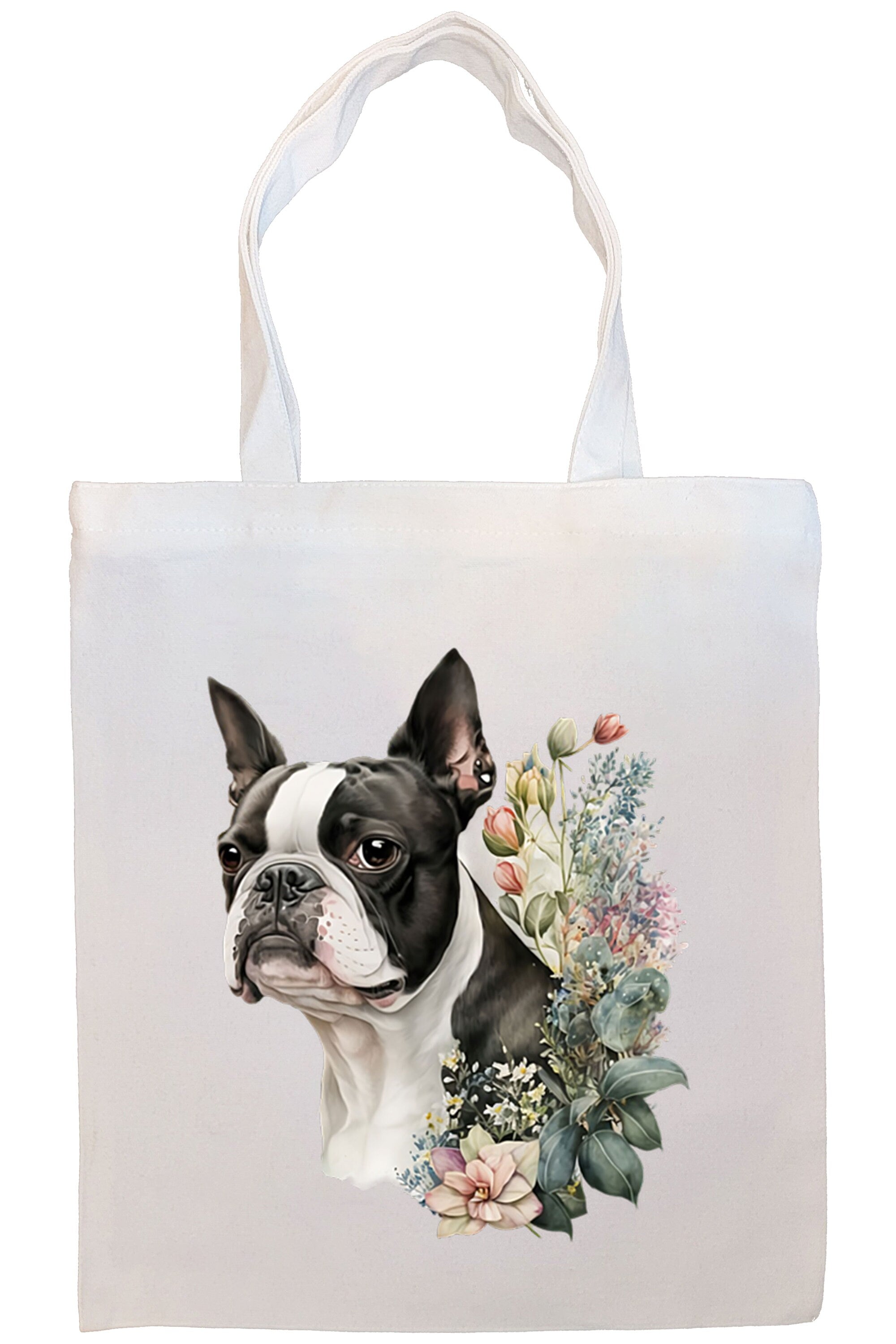 Boston Terrier Canvas Tote Bag with zippered closure and inner pocket, perfect for shopping and daily use.