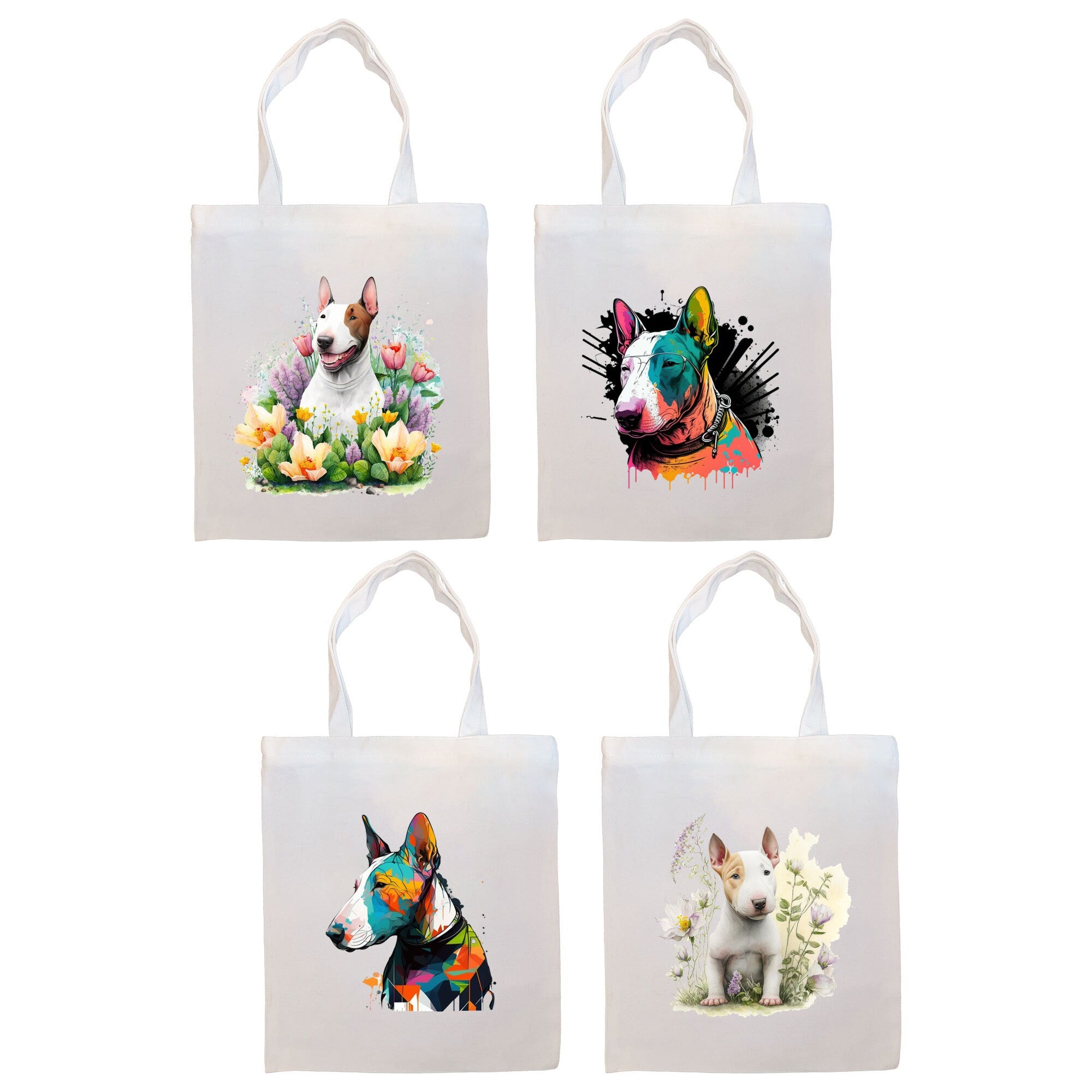 A stylish Bull Terrier Canvas Tote Bag featuring a zippered closure, sturdy handles, and an inner pocket, perfect for daily use.