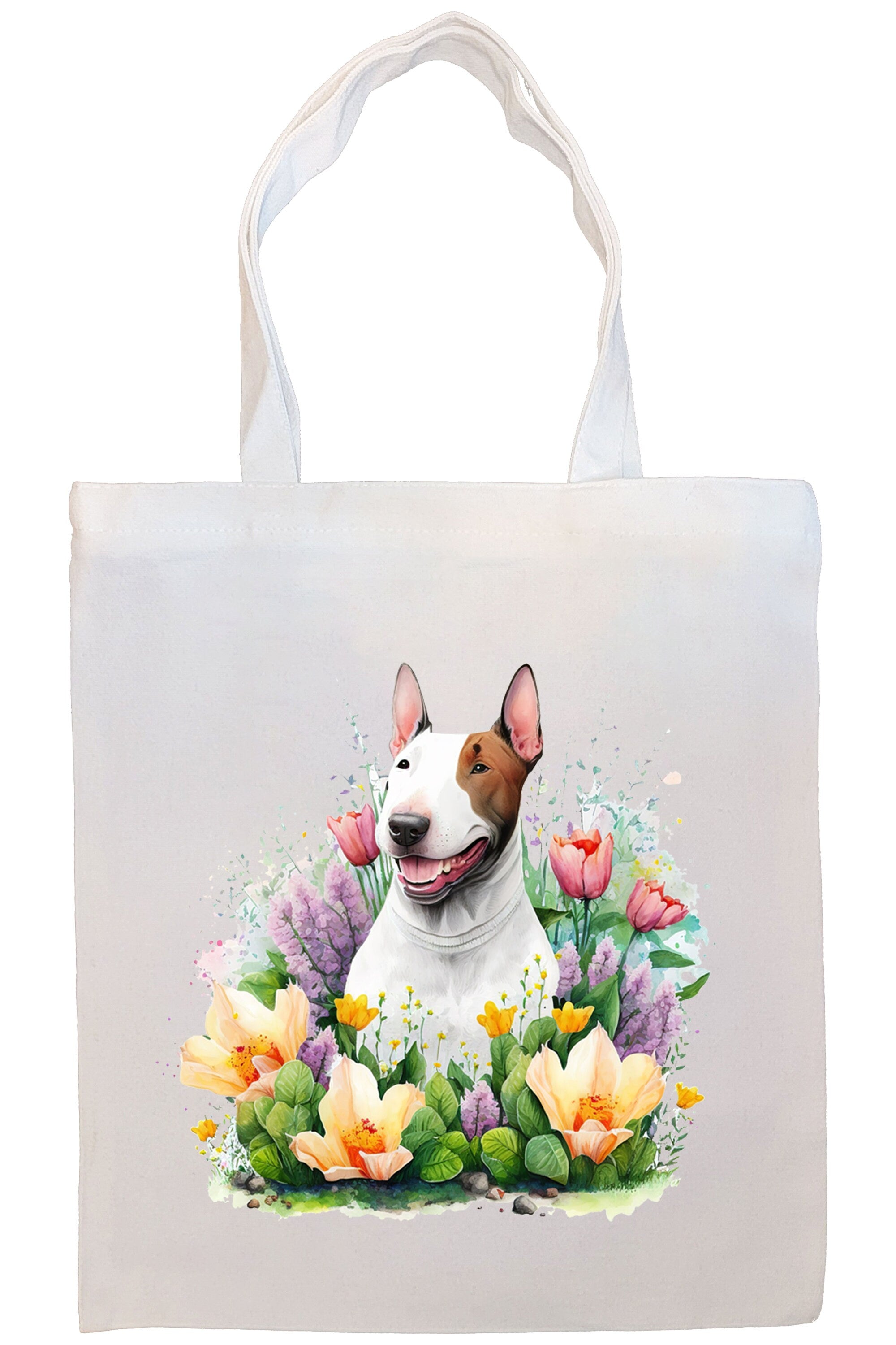 A stylish Bull Terrier Canvas Tote Bag featuring a zippered closure, sturdy handles, and an inner pocket, perfect for daily use.