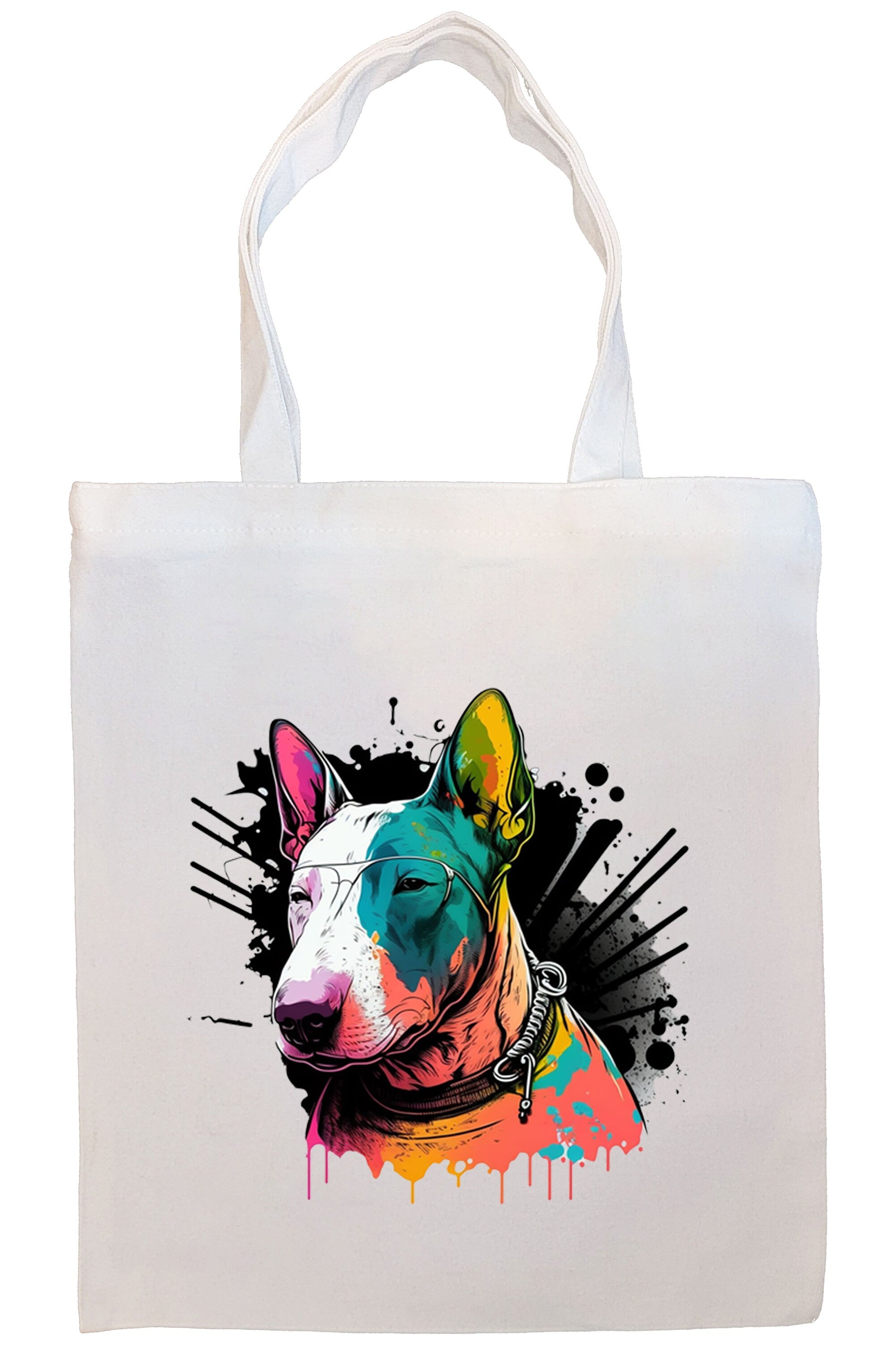 A stylish Bull Terrier Canvas Tote Bag featuring a zippered closure, sturdy handles, and an inner pocket, perfect for daily use.