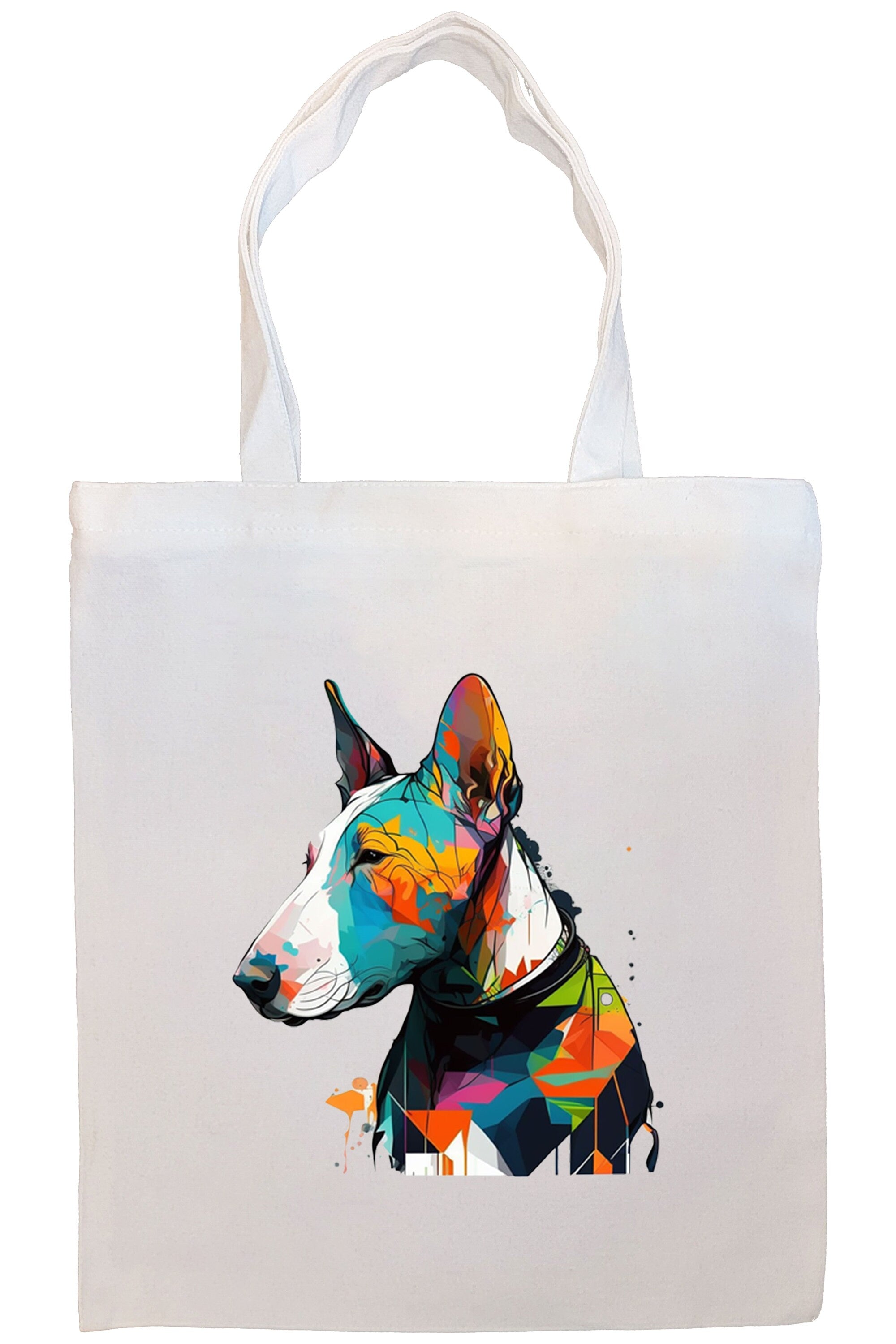 A stylish Bull Terrier Canvas Tote Bag featuring a zippered closure, sturdy handles, and an inner pocket, perfect for daily use.