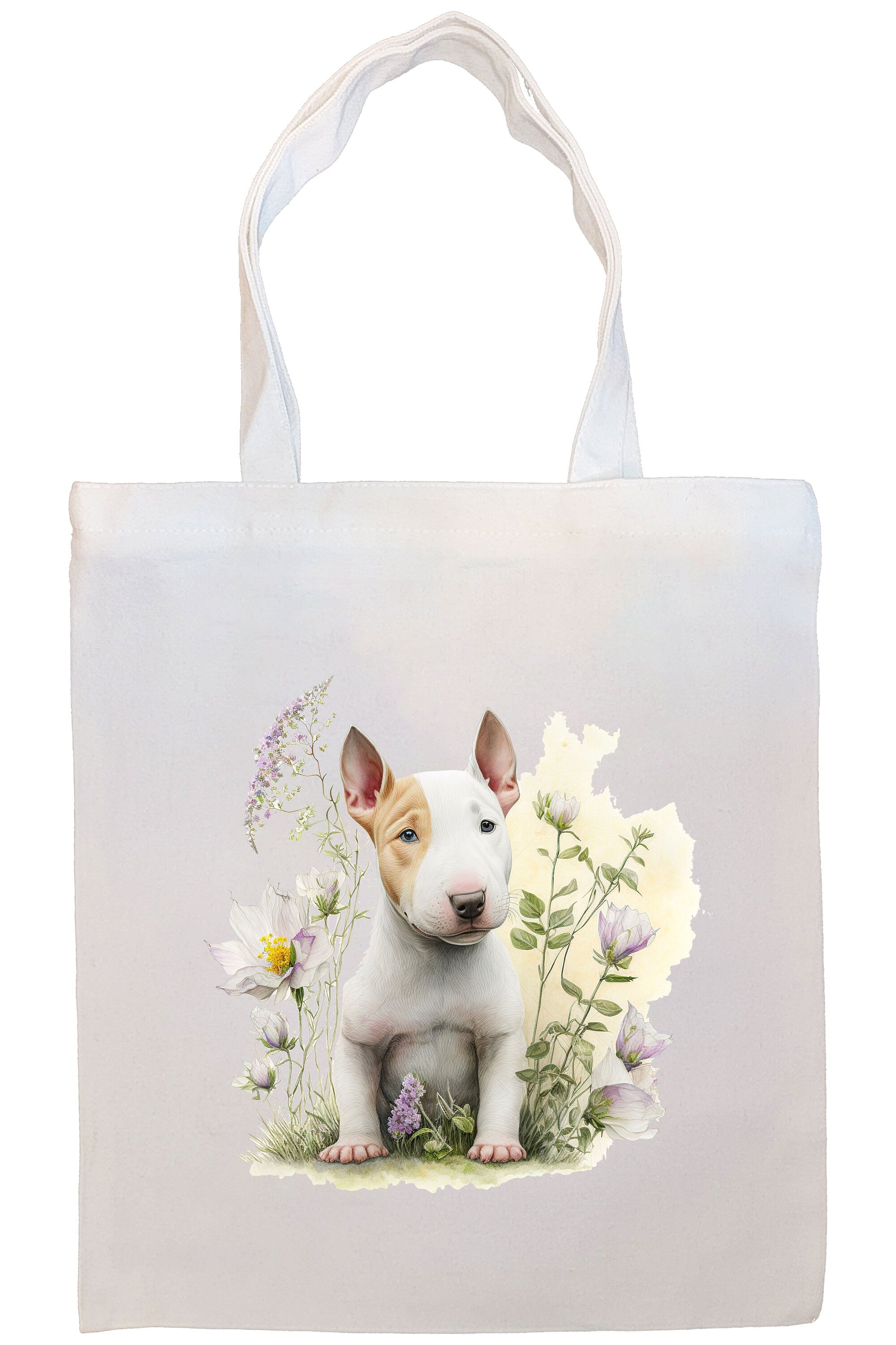 A stylish Bull Terrier Canvas Tote Bag featuring a zippered closure, sturdy handles, and an inner pocket, perfect for daily use.