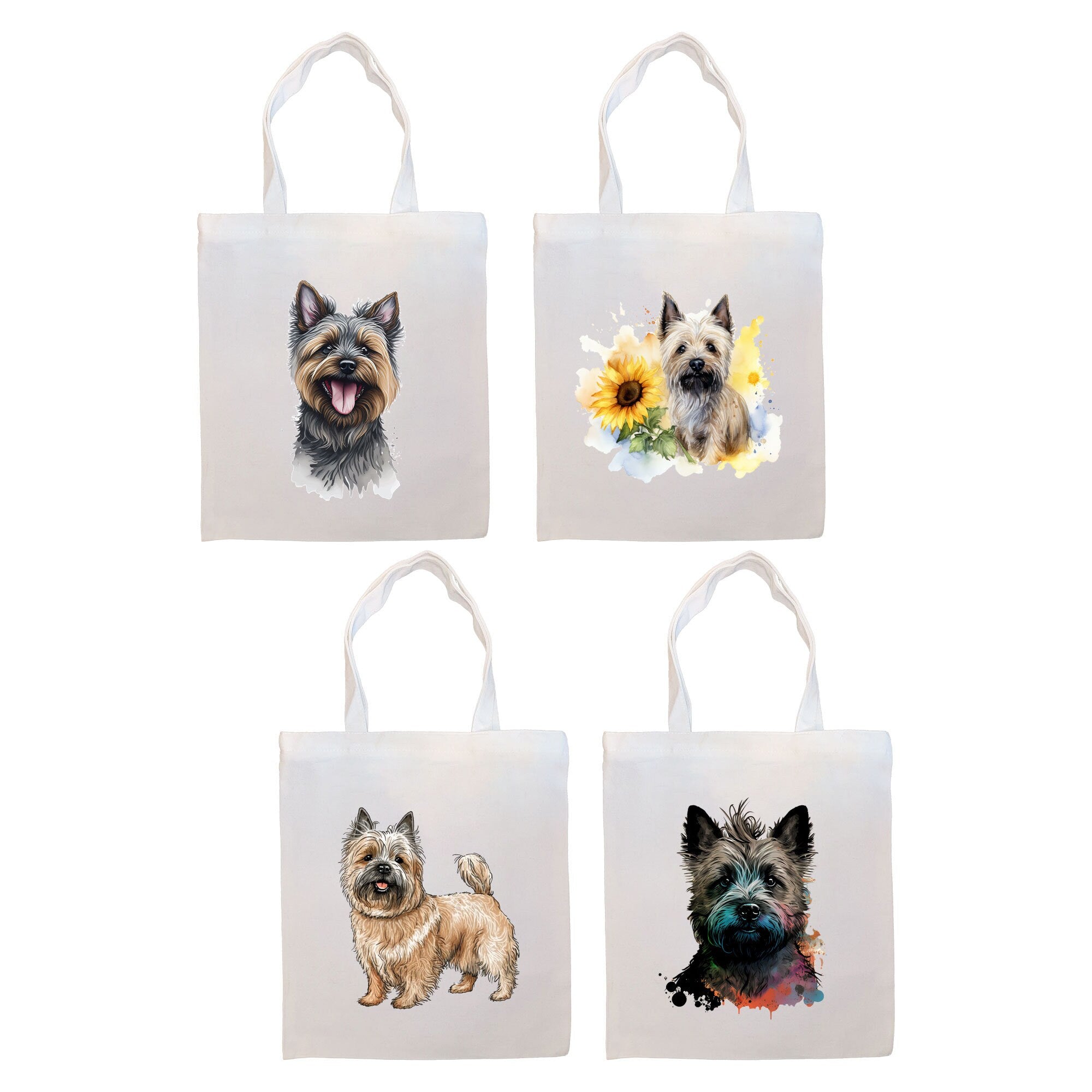 A stylish zippered canvas tote bag featuring a Cairn Terrier design, with handles and an inner pocket for convenience.