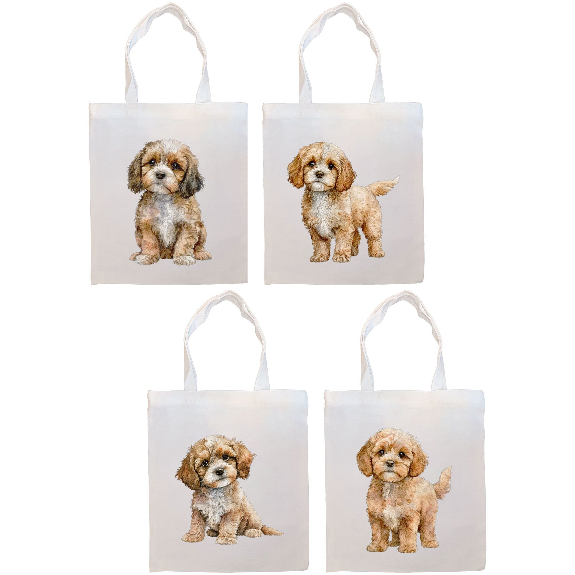 A stylish zippered canvas tote bag featuring a cute Cavapoo design, with handles and an inner pocket for convenience.