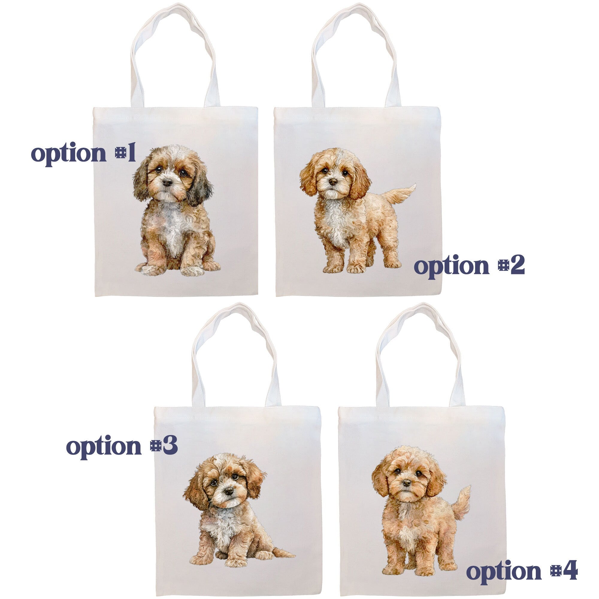 A stylish zippered canvas tote bag featuring a cute Cavapoo design, with handles and an inner pocket for convenience.