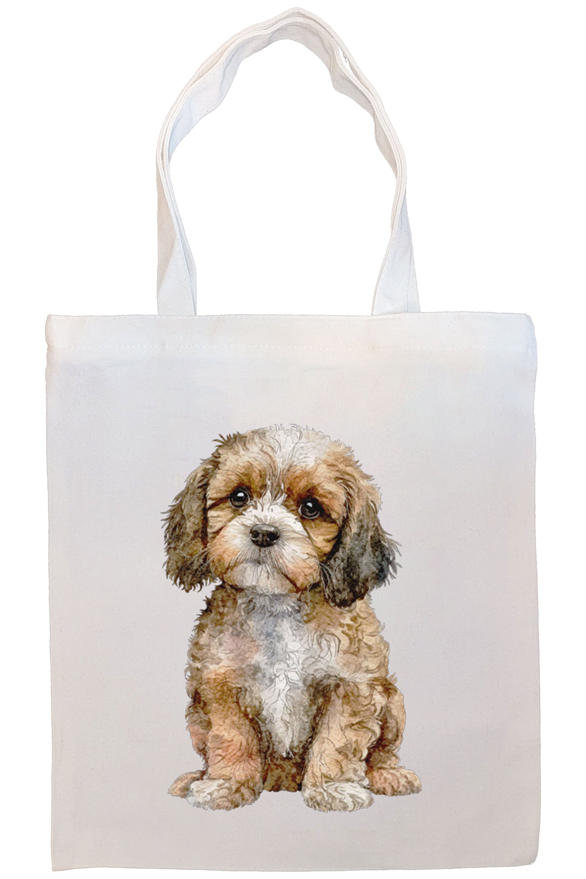 A stylish zippered canvas tote bag featuring a cute Cavapoo design, with handles and an inner pocket for convenience.