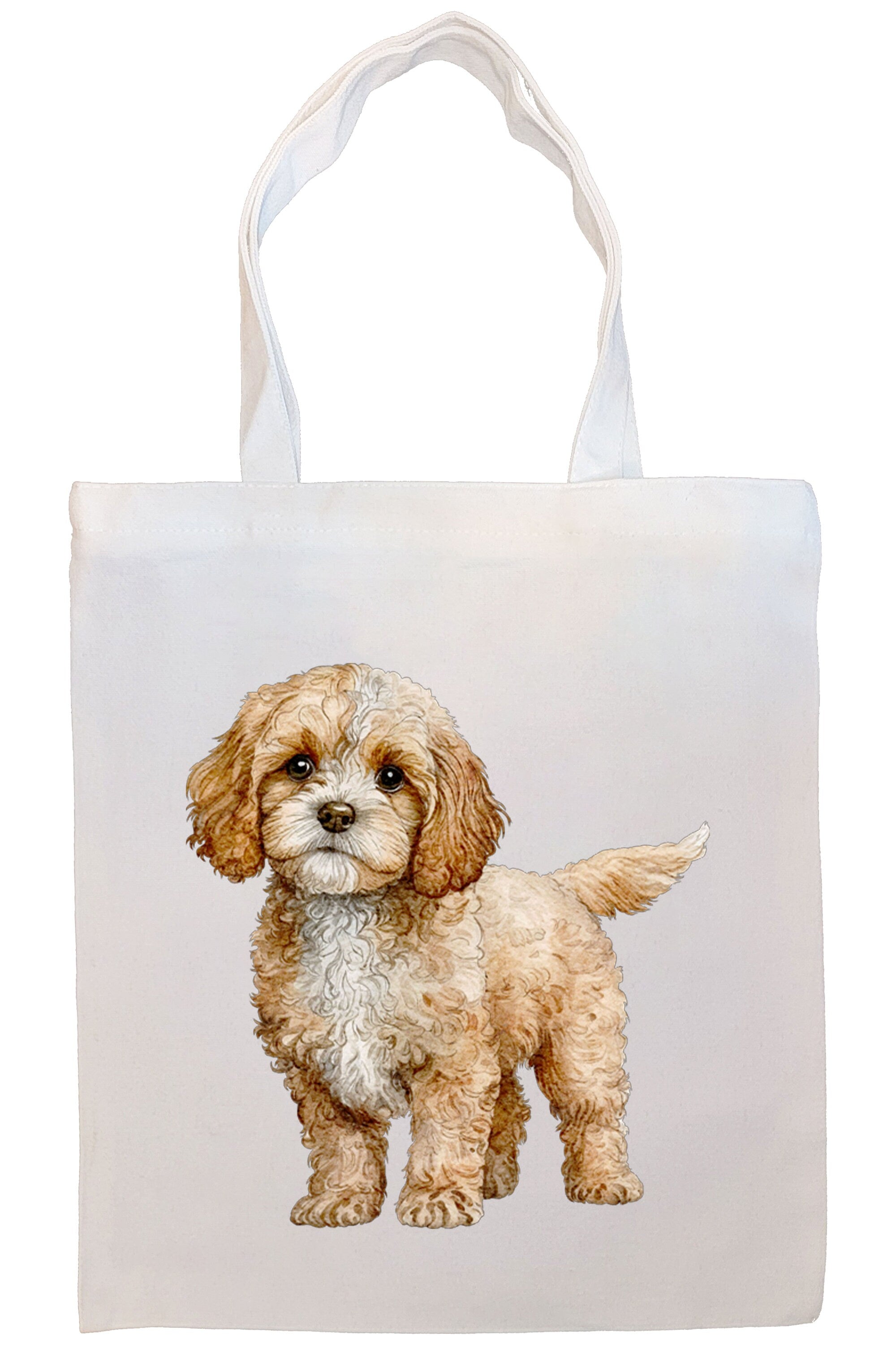 A stylish zippered canvas tote bag featuring a cute Cavapoo design, with handles and an inner pocket for convenience.