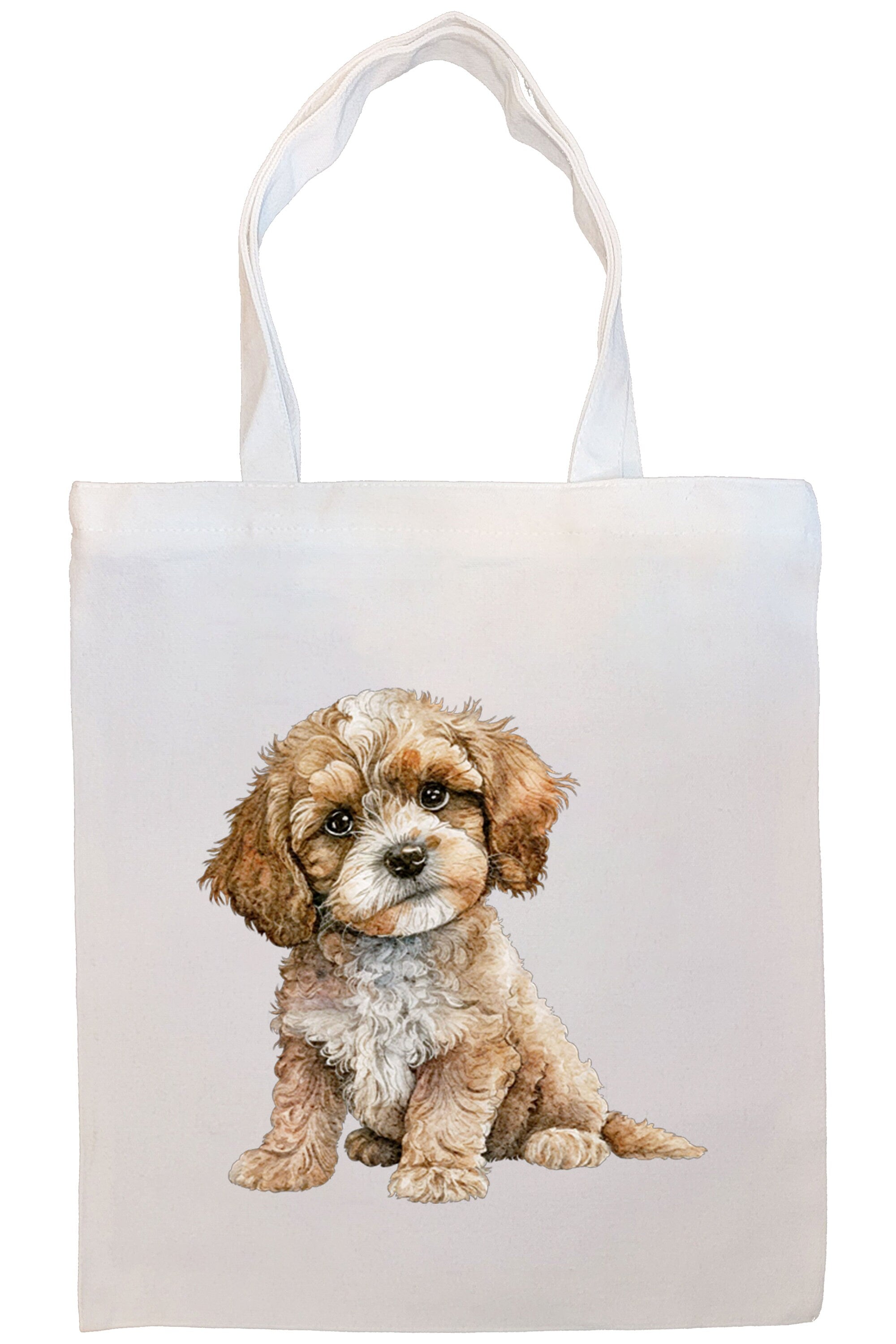 A stylish zippered canvas tote bag featuring a cute Cavapoo design, with handles and an inner pocket for convenience.