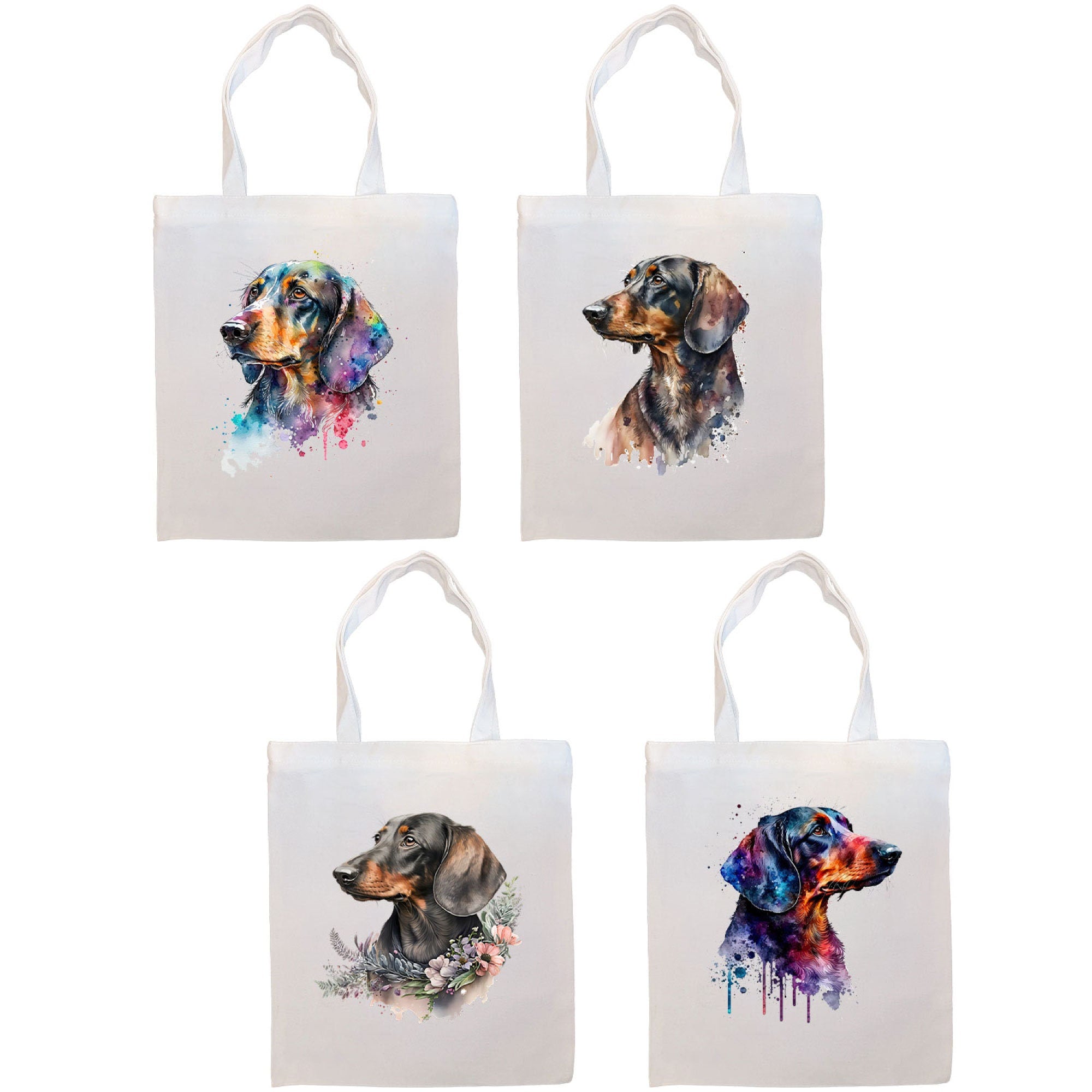 A stylish Dachshund-themed canvas tote bag with zipper and handles, featuring an inner pocket for organization.
