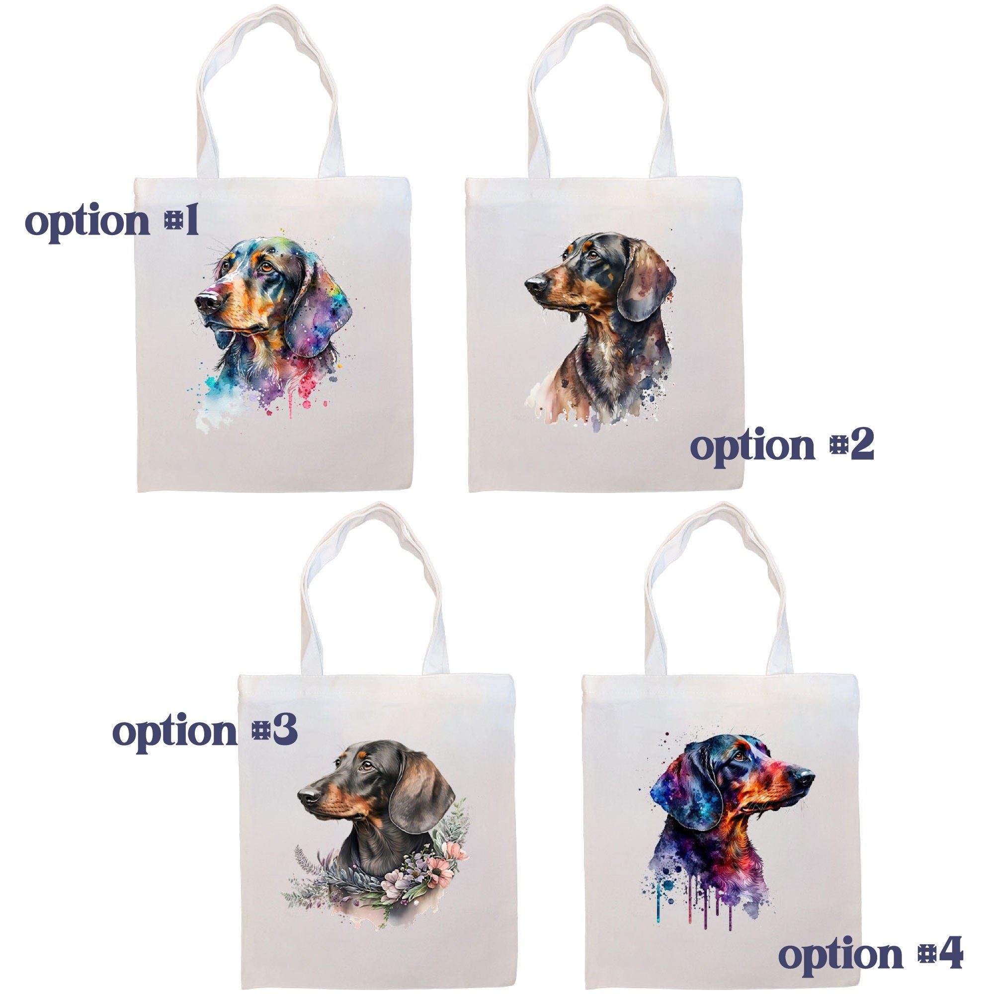 A stylish Dachshund-themed canvas tote bag with zipper and handles, featuring an inner pocket for organization.