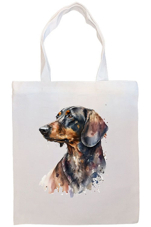 A stylish Dachshund-themed canvas tote bag with zipper and handles, featuring an inner pocket for organization.