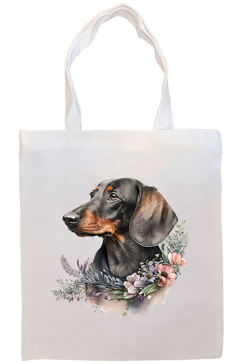 A stylish Dachshund-themed canvas tote bag with zipper and handles, featuring an inner pocket for organization.