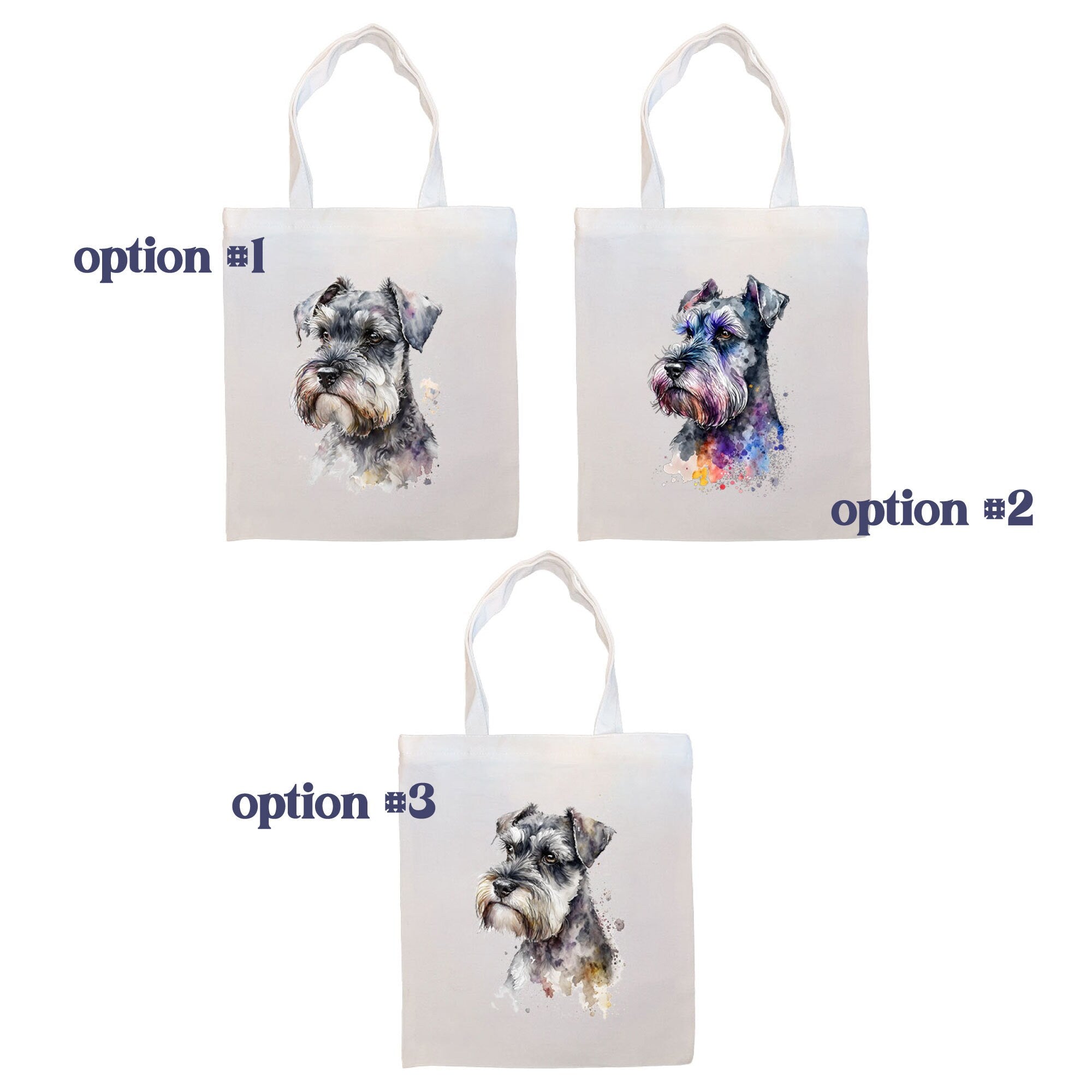 A stylish canvas tote bag featuring a Miniature Schnauzer design, zippered closure, and inner pocket, perfect for daily use.