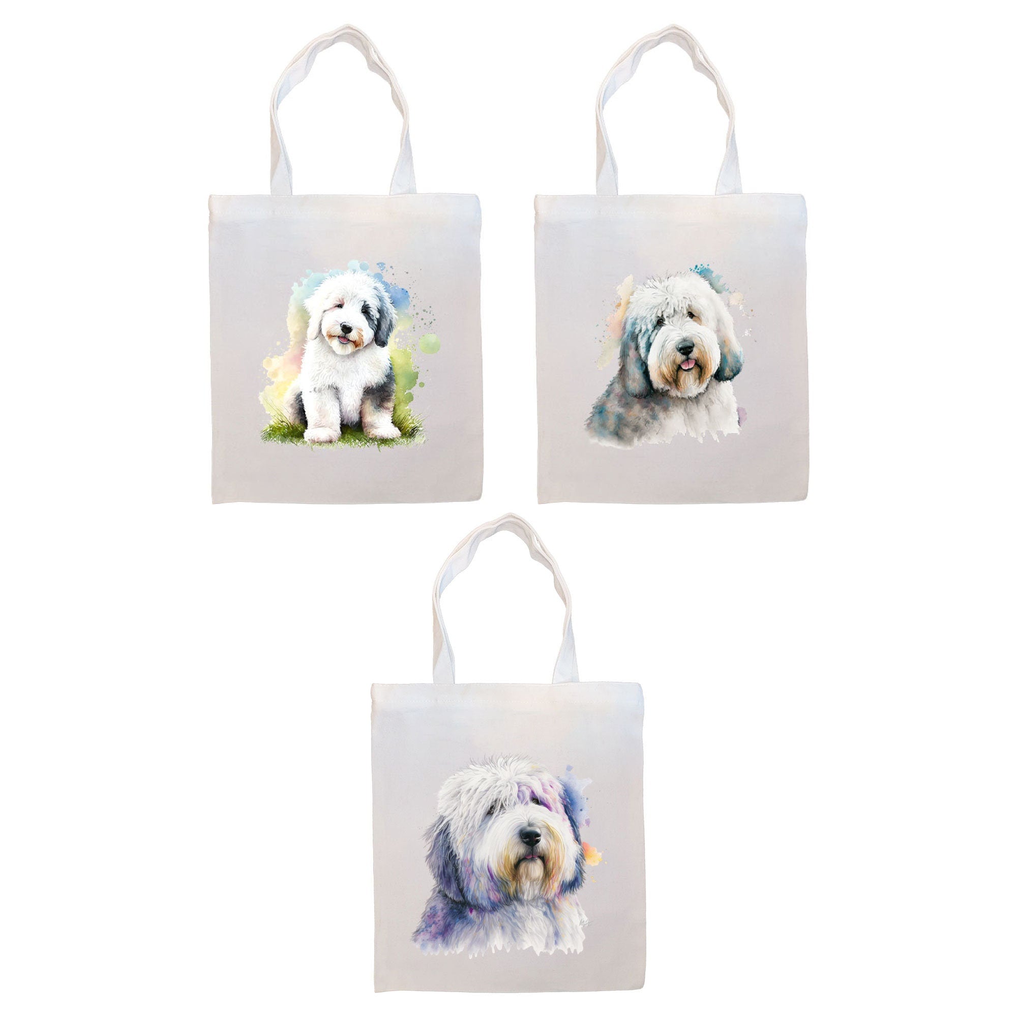 Canvas tote bag featuring an Old English Sheepdog design, zippered closure, and sturdy handles, perfect for shopping and daily use.