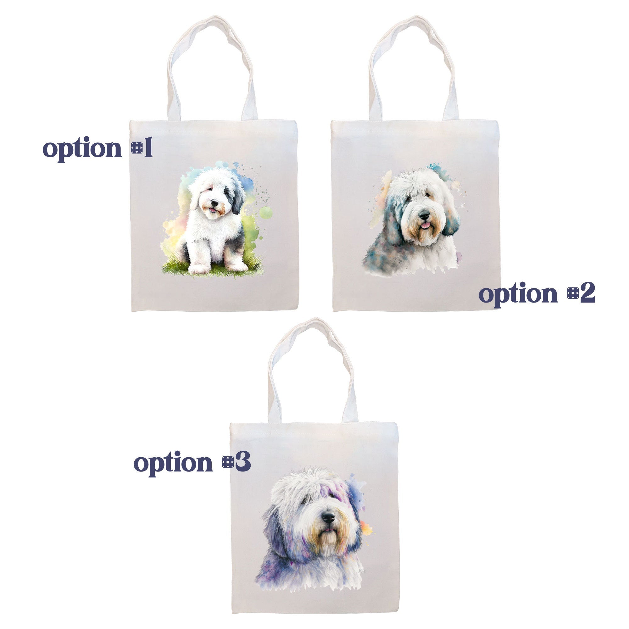 Canvas tote bag featuring an Old English Sheepdog design, zippered closure, and sturdy handles, perfect for shopping and daily use.