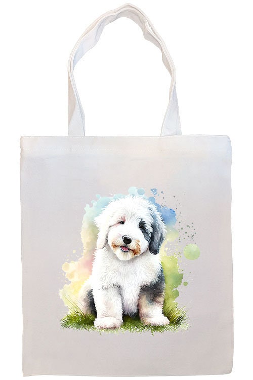 Canvas tote bag featuring an Old English Sheepdog design, zippered closure, and sturdy handles, perfect for shopping and daily use.