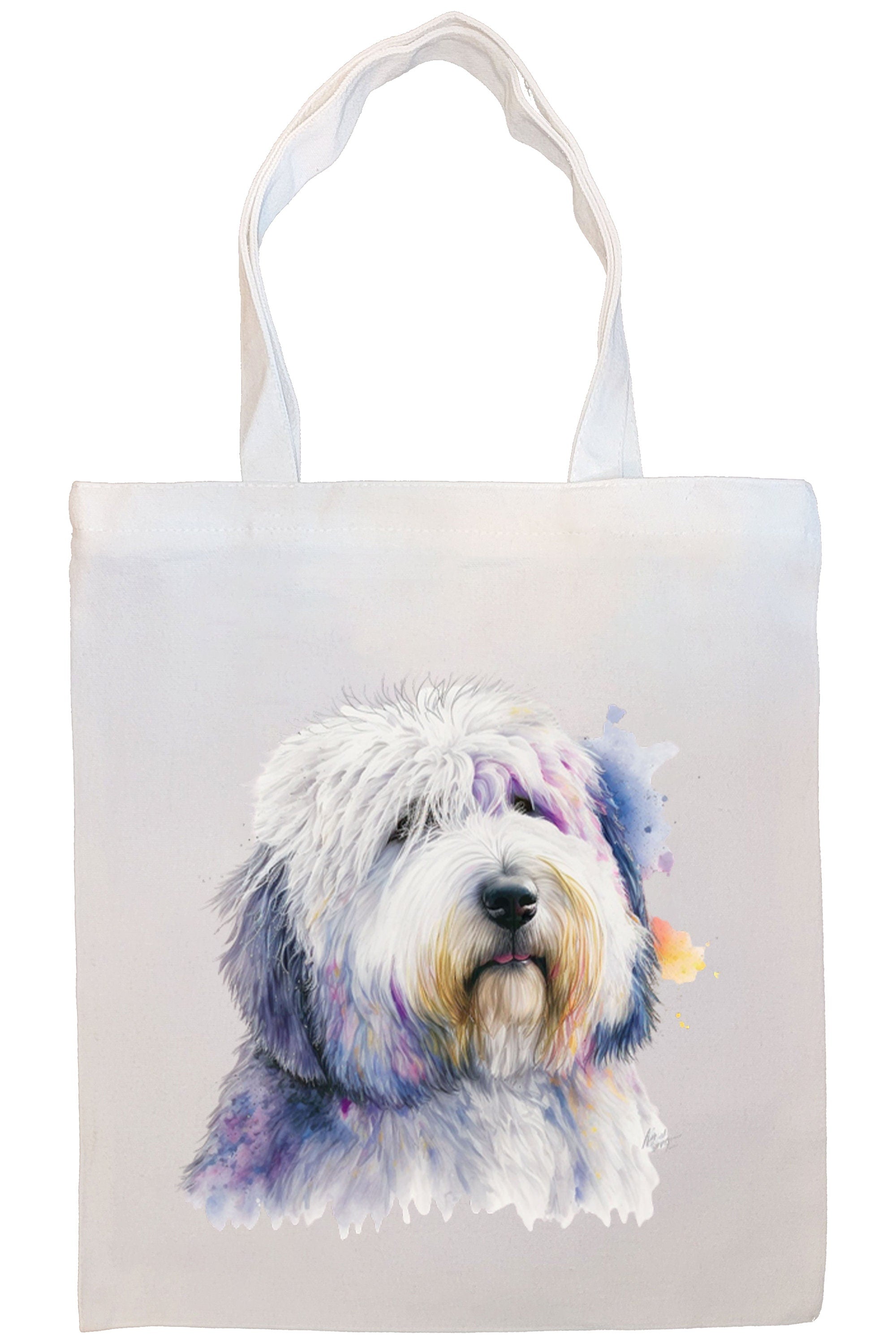 Canvas tote bag featuring an Old English Sheepdog design, zippered closure, and sturdy handles, perfect for shopping and daily use.