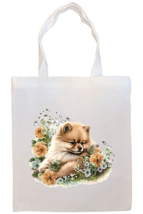 A stylish Pomeranian canvas tote bag featuring a zippered closure, sturdy handles, and an inner pocket, perfect for daily use.