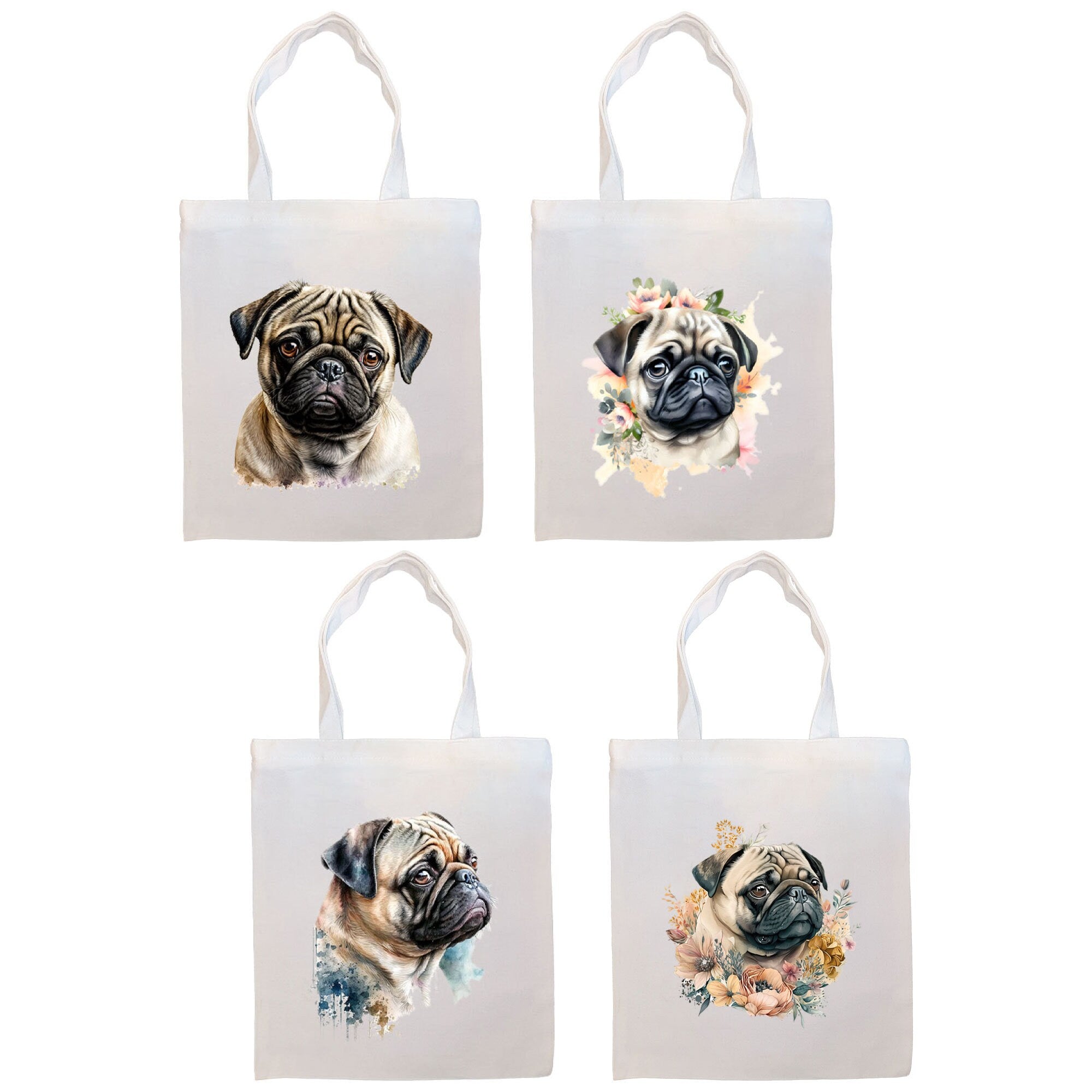 A stylish canvas tote bag featuring a cute pug design, zippered closure, and inner pocket, perfect for daily use and shopping.