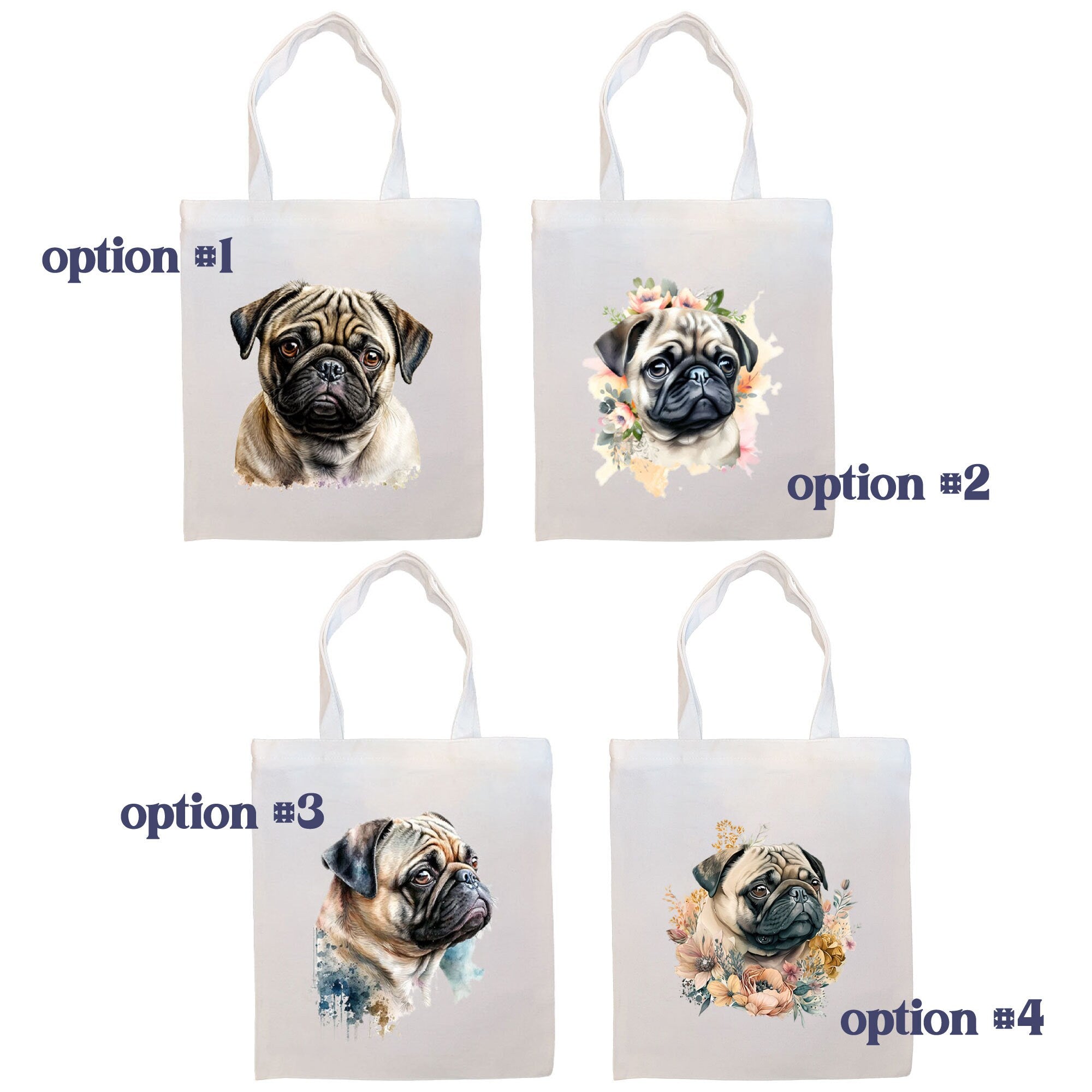 A stylish canvas tote bag featuring a cute pug design, zippered closure, and inner pocket, perfect for daily use and shopping.