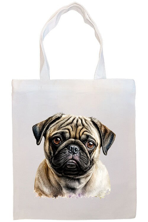 A stylish canvas tote bag featuring a cute pug design, zippered closure, and inner pocket, perfect for daily use and shopping.