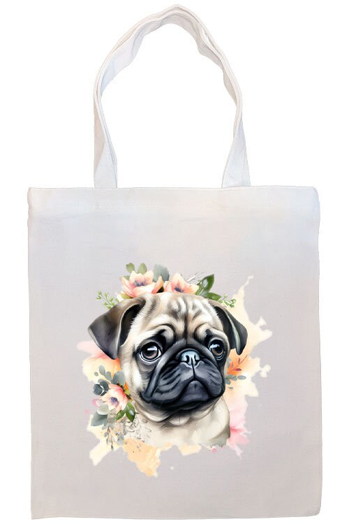 A stylish canvas tote bag featuring a cute pug design, zippered closure, and inner pocket, perfect for daily use and shopping.