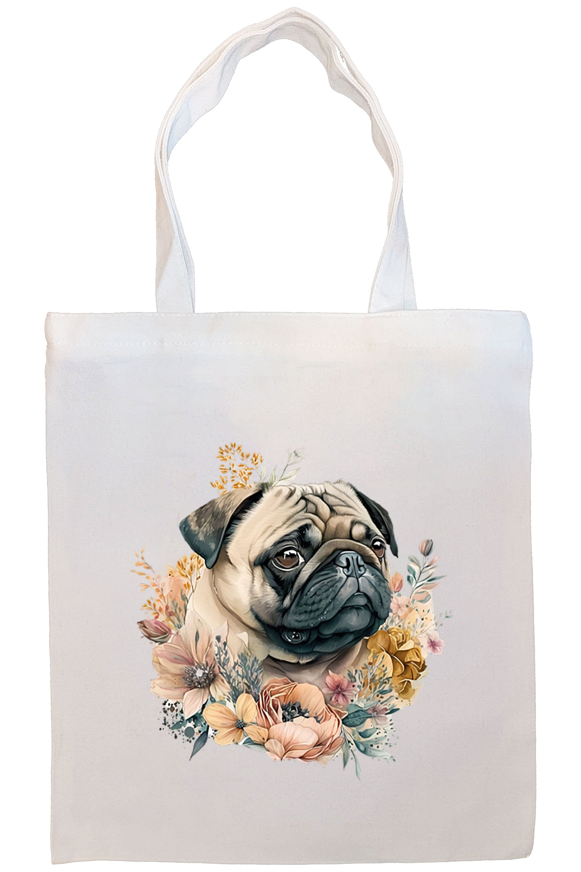 A stylish canvas tote bag featuring a cute pug design, zippered closure, and inner pocket, perfect for daily use and shopping.