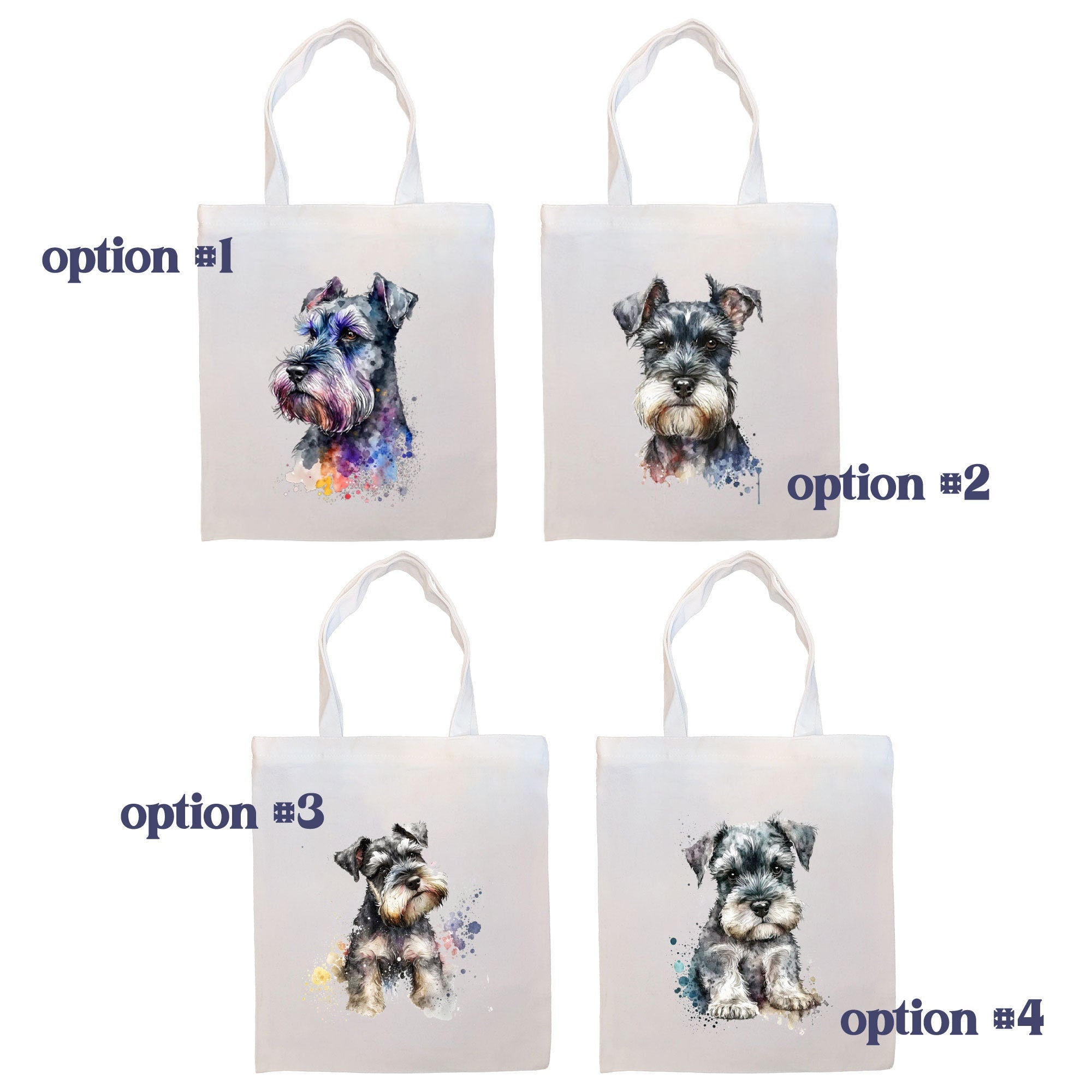 A stylish Schnauzer-themed canvas tote bag with zipper and handles, featuring an inner pocket for convenience.