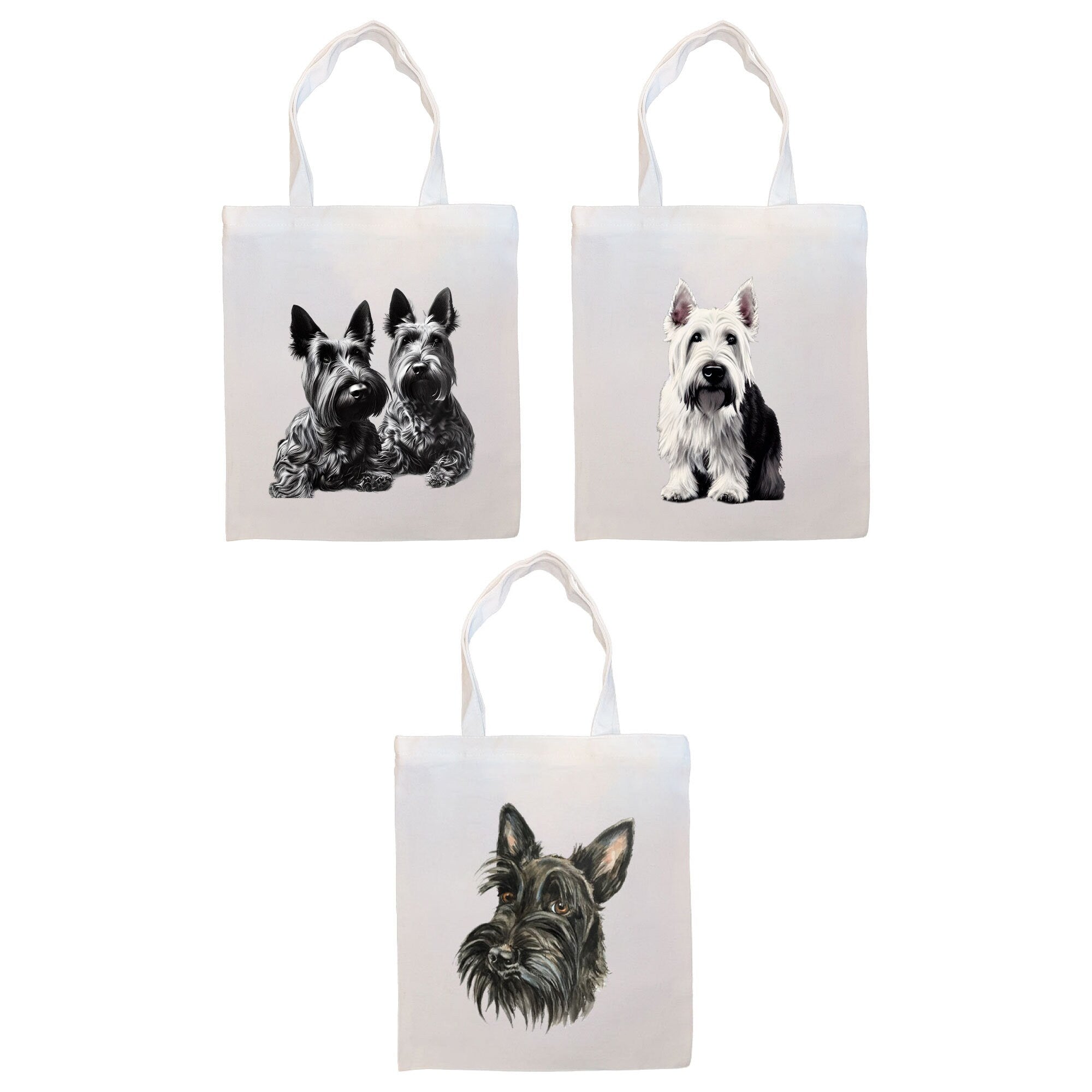 A stylish zippered canvas tote bag featuring a Scottish Terrier design, with sturdy handles and an inner pocket for convenience.