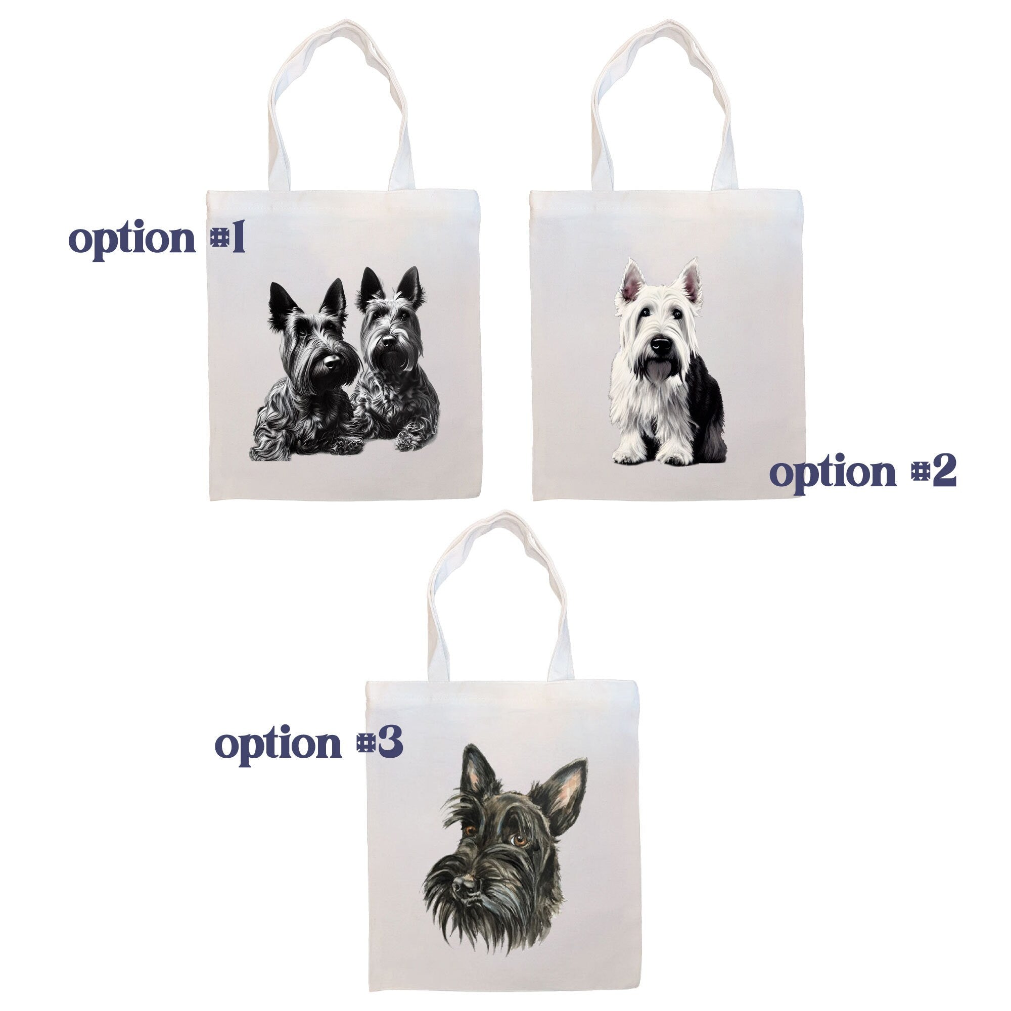 A stylish zippered canvas tote bag featuring a Scottish Terrier design, with sturdy handles and an inner pocket for convenience.