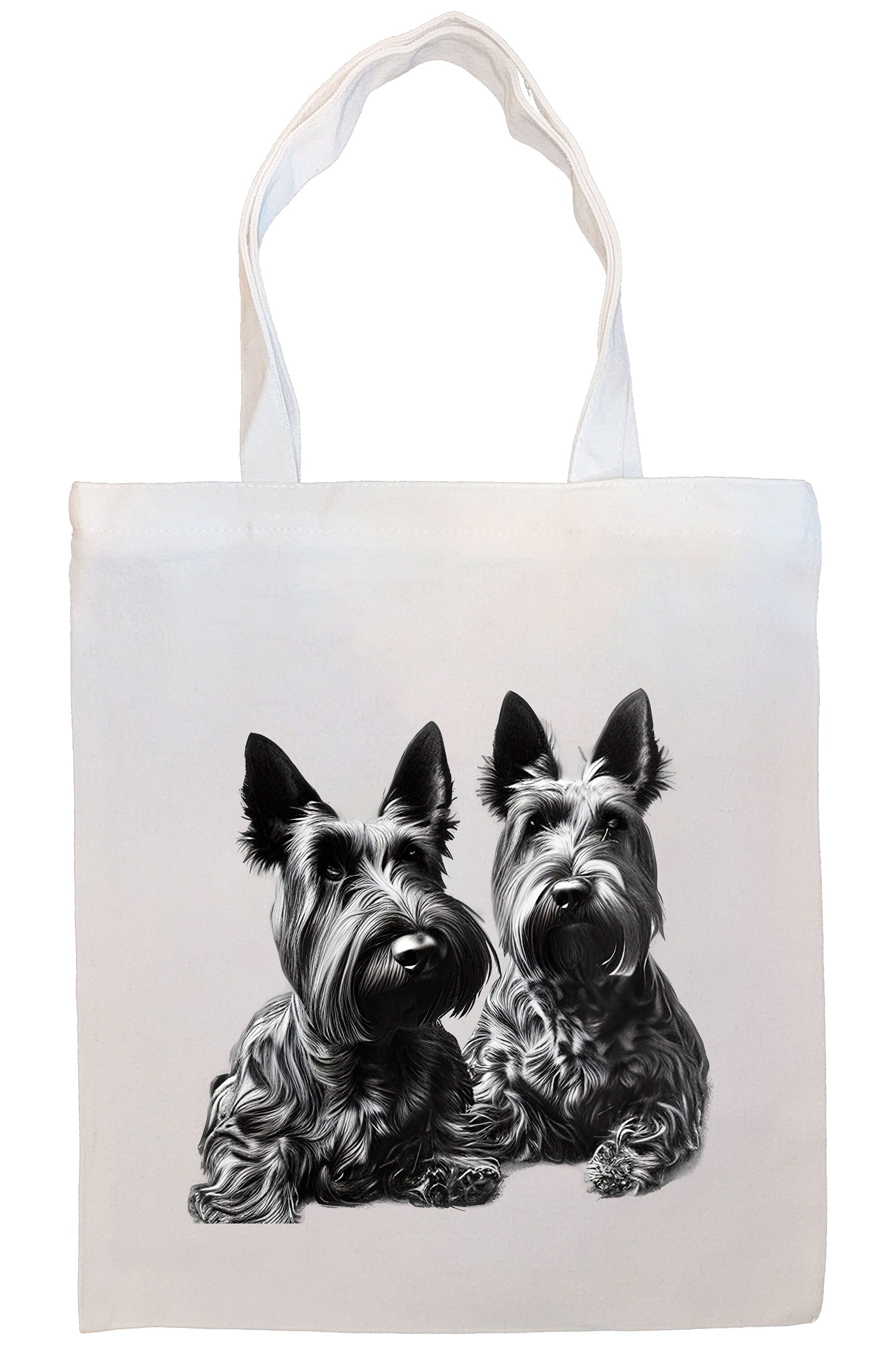 A stylish zippered canvas tote bag featuring a Scottish Terrier design, with sturdy handles and an inner pocket for convenience.