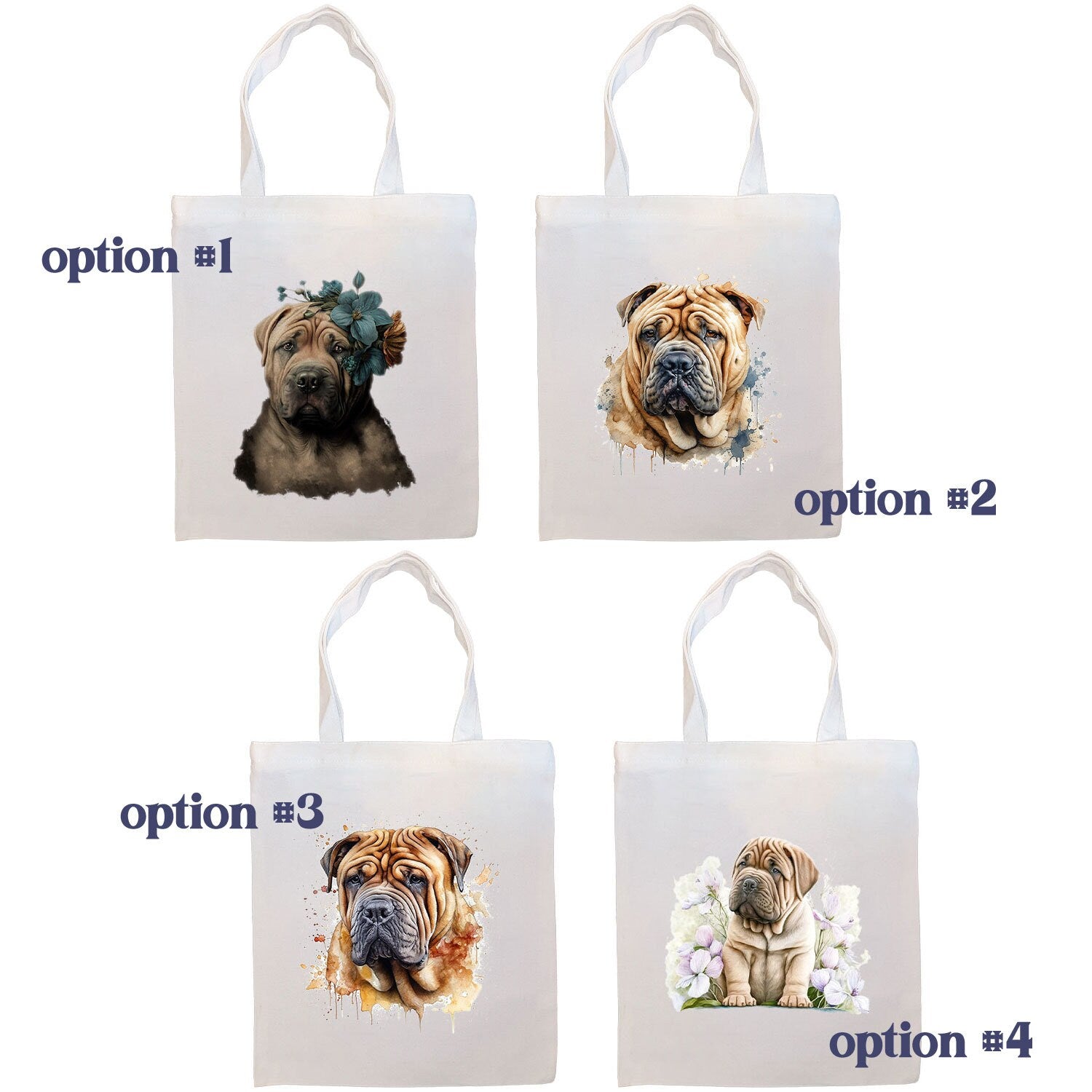 Stylish zippered canvas tote bag featuring a Shar-Pei design, with handles and an inner pocket for convenience.