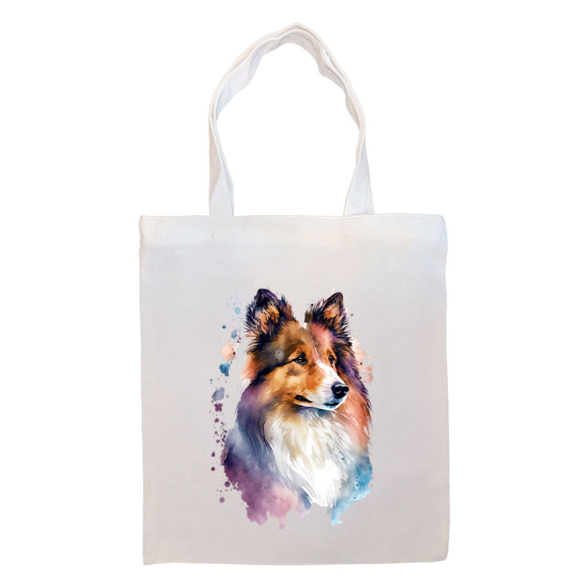 A stylish Sheltie-themed canvas tote bag with a zippered closure and inner pocket, perfect for shopping and daily use.