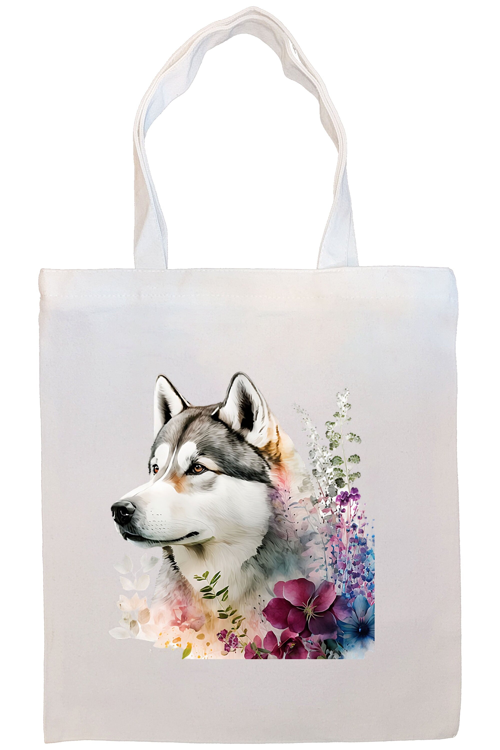 A stylish canvas tote bag featuring a Siberian Husky design, zippered closure, and inner pocket, perfect for shopping and daily use.